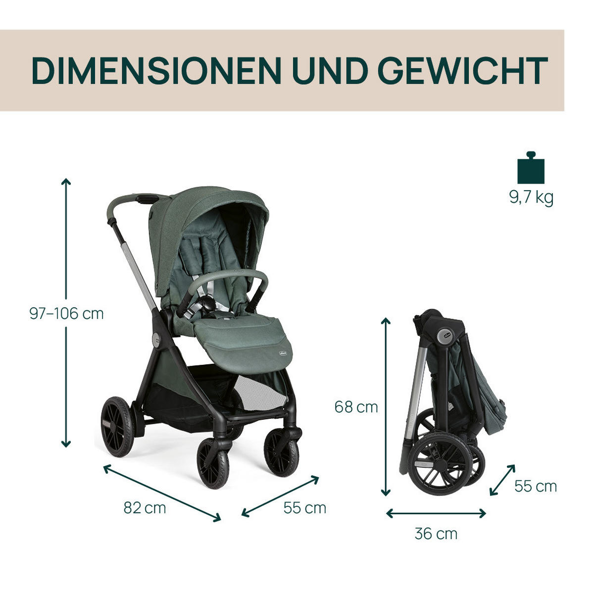 KINDERWAGEN Bellagio  - Grün, Basics, Textil/Metall (55/82/97-106cm) - Chicco