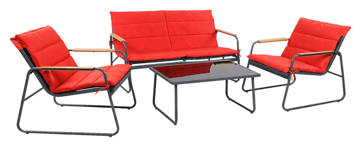 LOUNGEGARNITUR 4-teilig    - Rot/Schwarz, Modern, Glas/Kunststoff - Gardenson