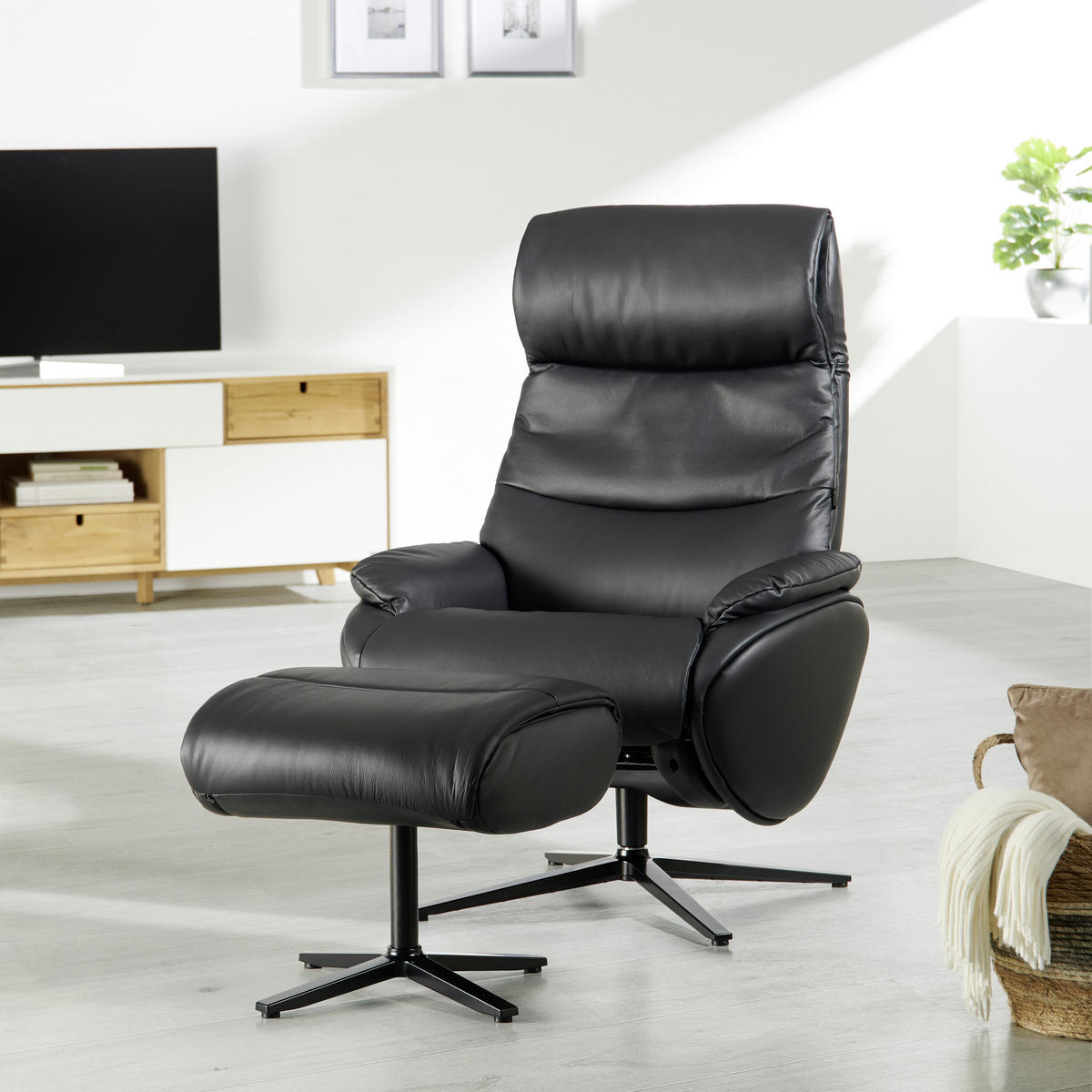 RELAXSESSELSET Lederlook Kombination Echtleder/Lederlook Relaxfunktion, Hocker, Kopfteilverstellung    - Schwarz, Design, Leder/Textil (78/110/83-122cm) - Xora