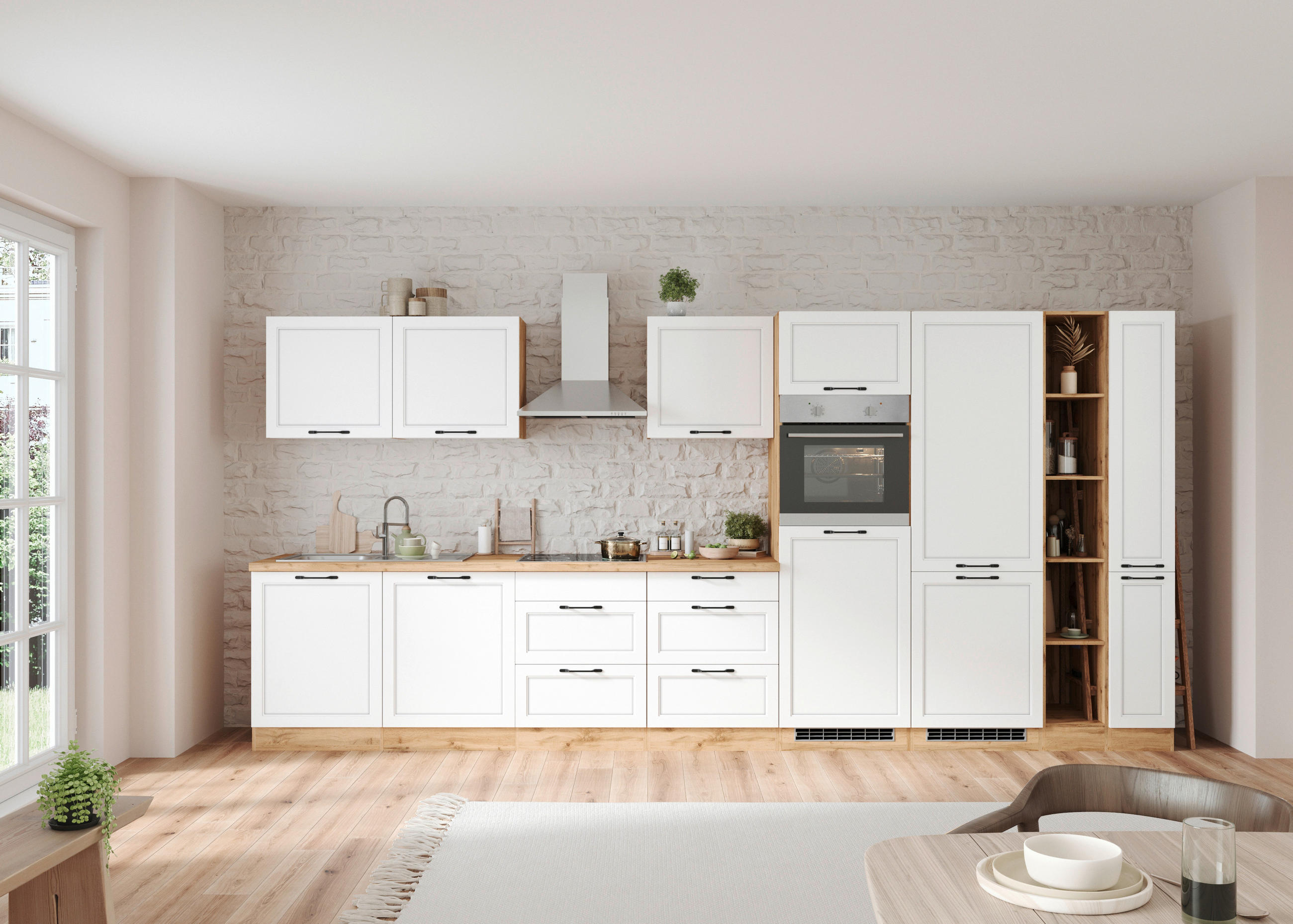 KÜCHENBLOCK 420 cm   in Weiß, Eiche Wotan  - Eiche Wotan/Schwarz, LIFESTYLE, Holzwerkstoff/Metall (420cm) - Held