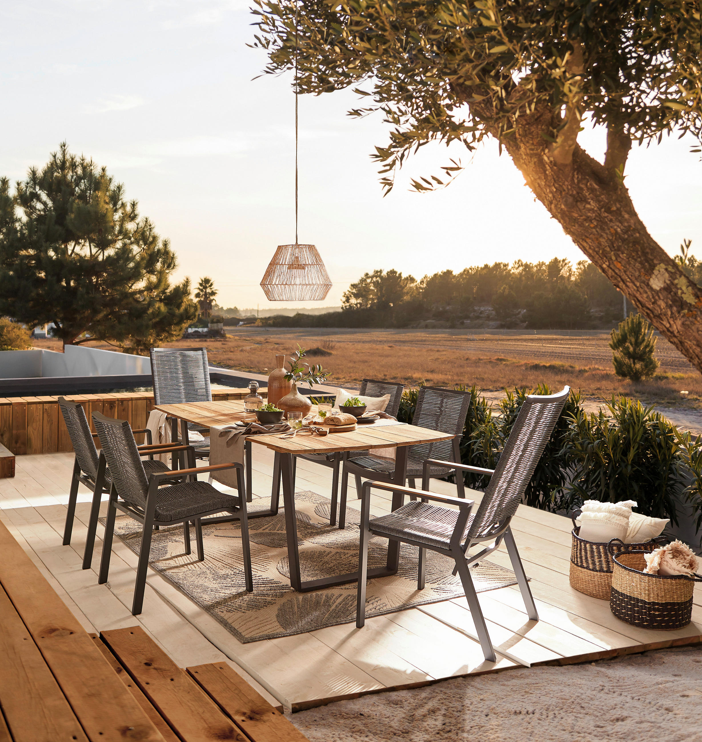 Thumbnail - Amatio Gartensessel, Anthrazit, Holz, Metall, Textil, Teakholz, massiv, eckig, Flachrohr, 55x110x62 cm, Fsc, stapelbar, ...