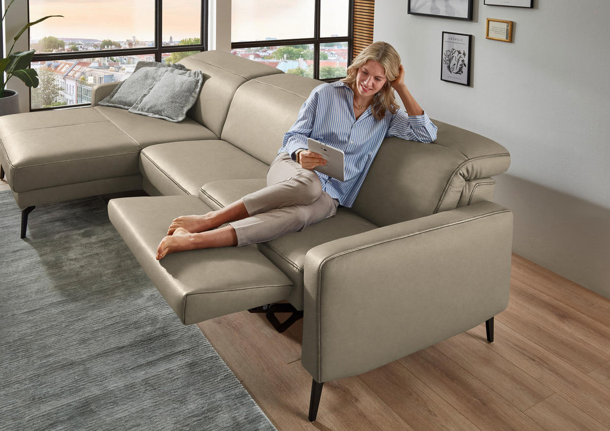 ECKSOFA 179/323 cm  in Echtleder Kaschmir Kopfteilverstellung  179/323 cm  - Kaschmir/Schwarz, Design, Leder/Metall (179/323cm) - Dieter Knoll