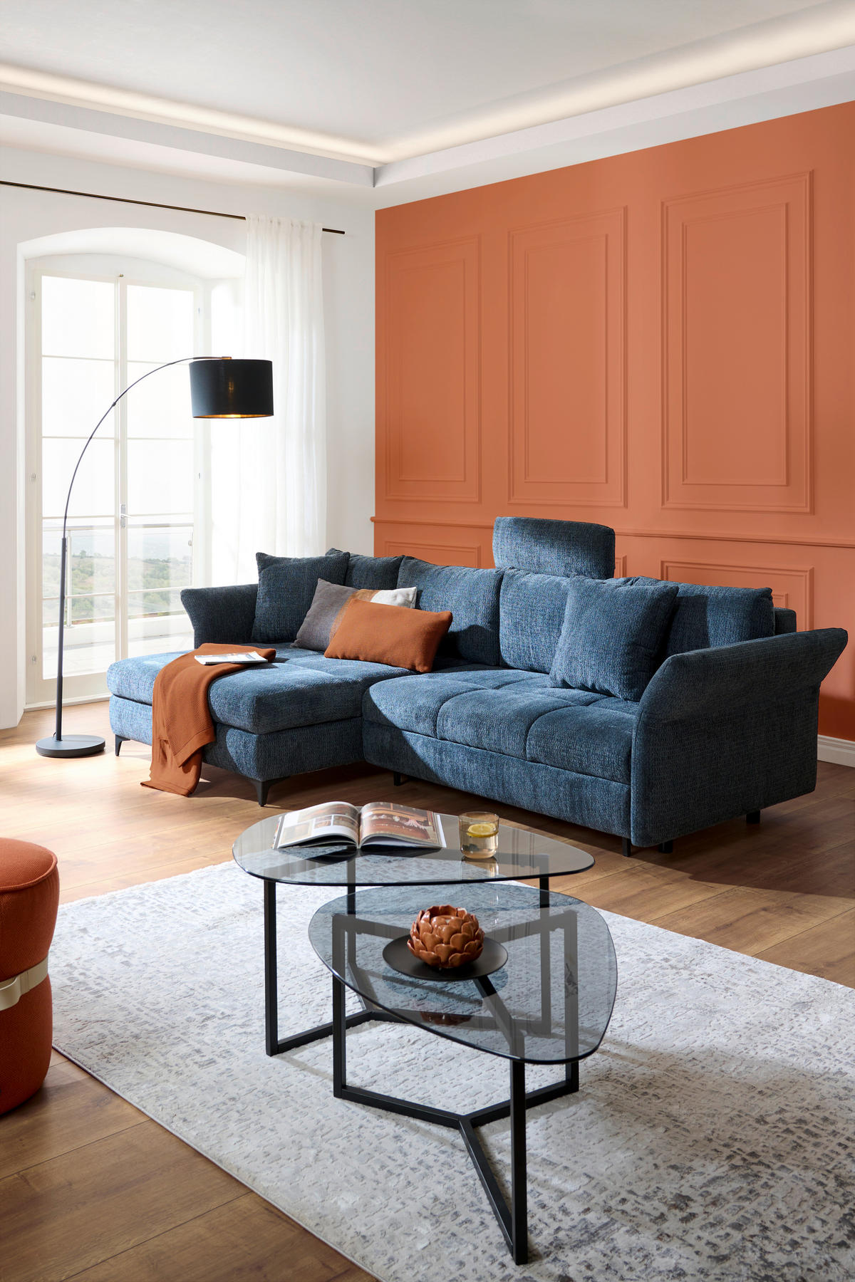 ECKSOFA in Chenille Blau  - Blau/Schwarz, KONVENTIONELL, Textil/Metall (291/153cm) - Hom`in
