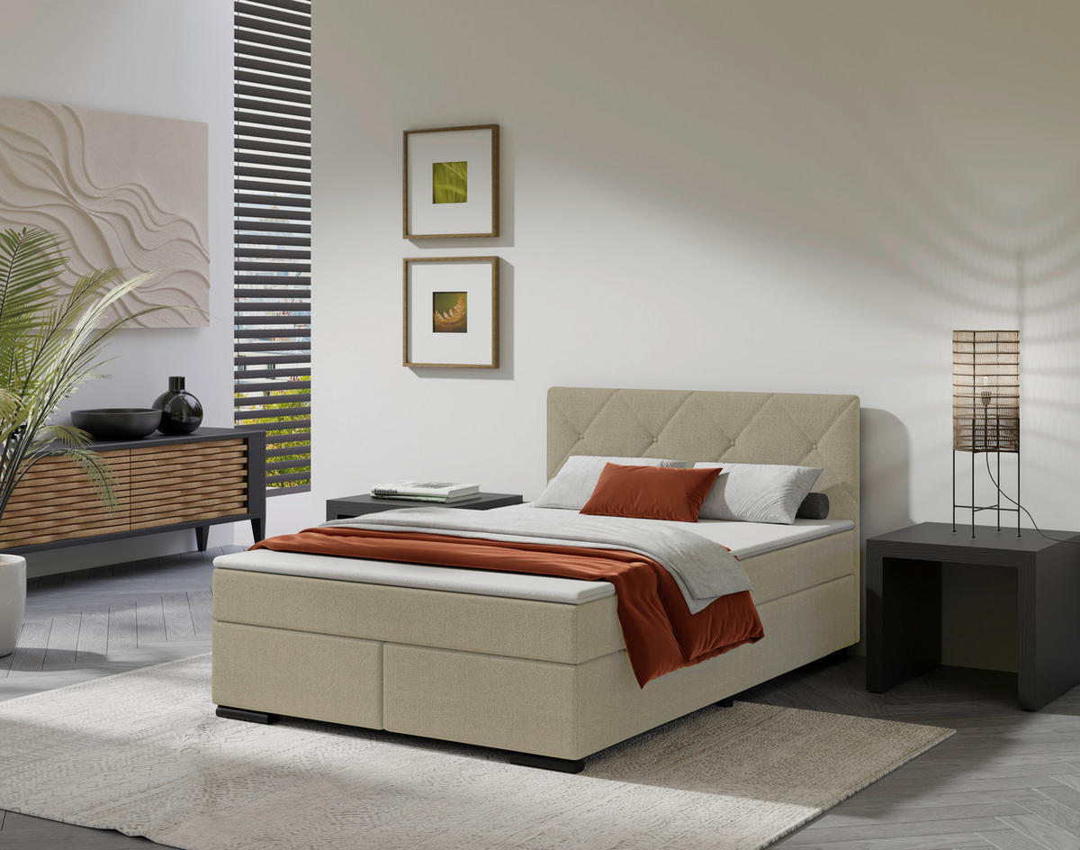 BOXSPRINGBETT 140/200 cm  in Beige  - Beige/Schwarz, MODERN, Karton/Holz (140/200cm) - MID.YOU