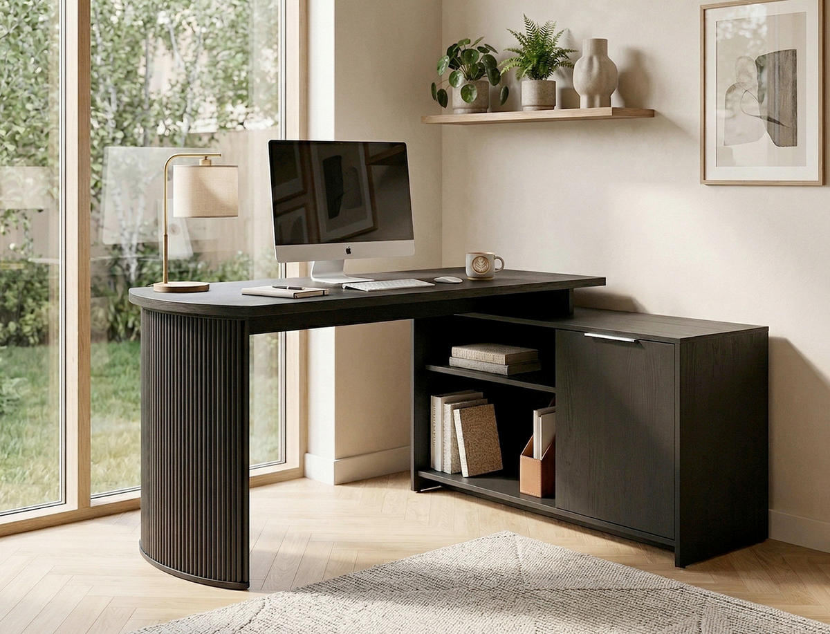 ECKSCHREIBTISCH 150/120/75 cm Schwarz, Eichefarben Kabeldurchlass, Stauraum, seitenverkehrt montierbar  - Eichefarben/Silberfarben, Modern, Holzwerkstoff/Metall (150/120/75cm) - MID.YOU