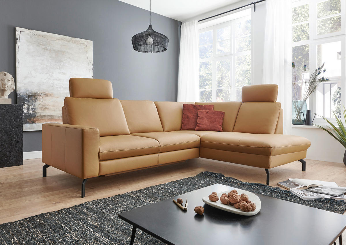 ECKSOFA in Echtleder Currygelb  - Currygelb/Schwarz, Design, Leder/Metall (194/250cm) - Beldomo Premium