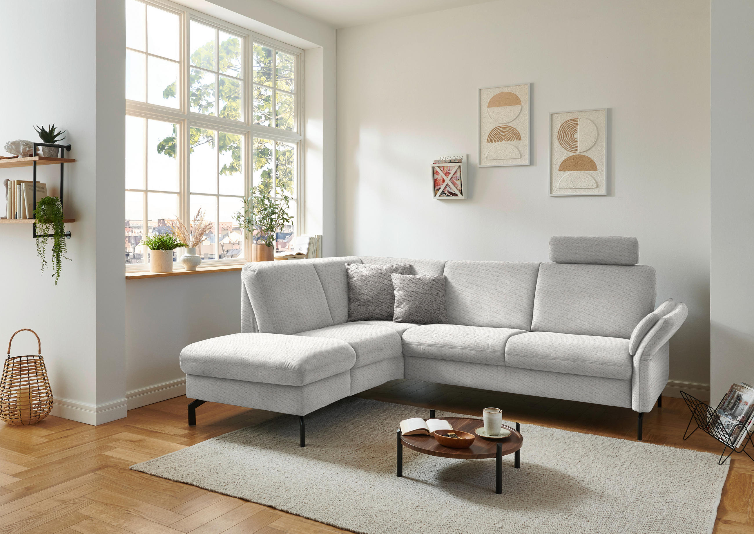 ECKSOFA in Flachgewebe Alabasterfarben  - Alabasterfarben/Schwarz, Konventionell, Textil/Metall (190/241cm) - Beldomo Comfort
