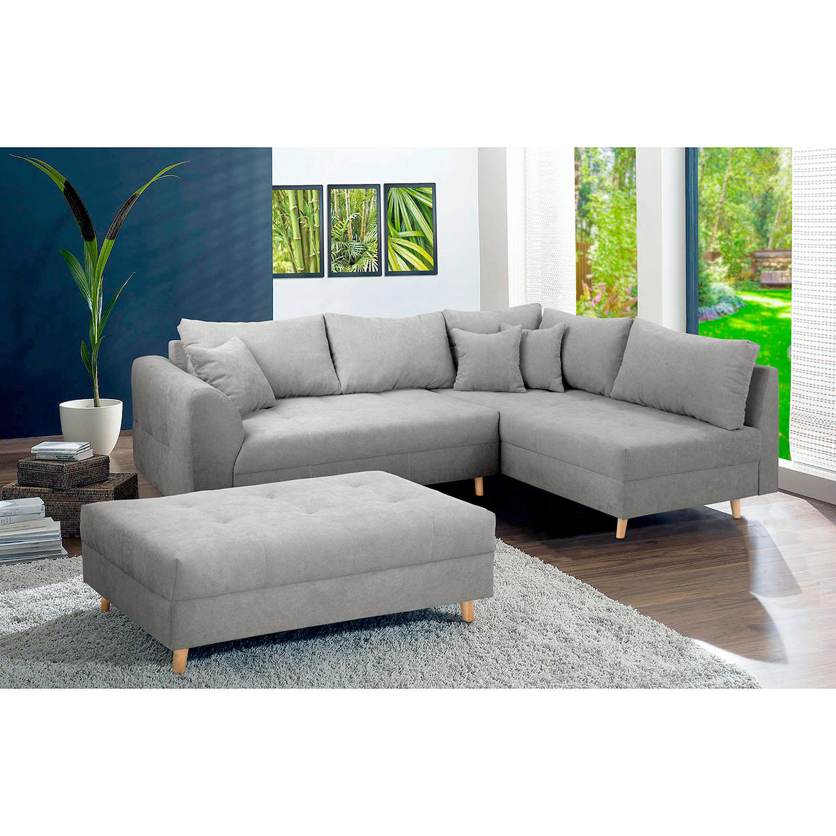 ECKSOFA inkl. Hocker Ariella Grau Mikrofaser  - Naturfarben/Grau, Design, Holz/Textil (161/231cm) - Livetastic