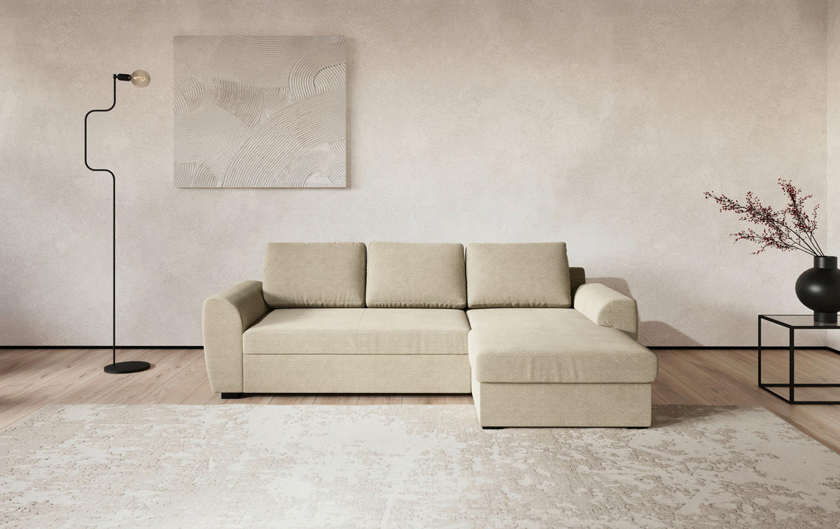 ECKSOFA Beige Cord Zierkissen, Bettkasten  - Beige/Schwarz, Trend, Kunststoff/Textil (253/154cm) - MID.YOU