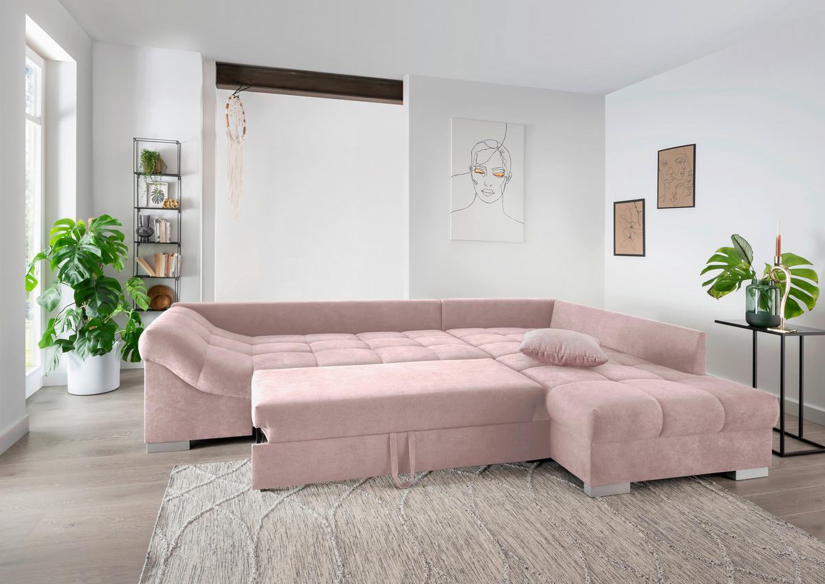 ECKSCHLAFSOFA in Rosa Textil   - Silberfarben/Rosa, Design, Holz/Textil (298/202cm) - MID.YOU