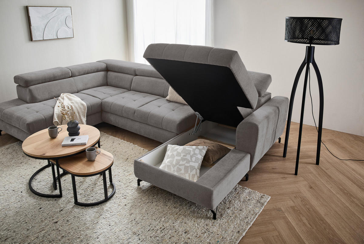 WOHNLANDSCHAFT Grau Struktur  - Schwarz/Grau, Design, Textil/Metall (203/327/177cm) - Stylife