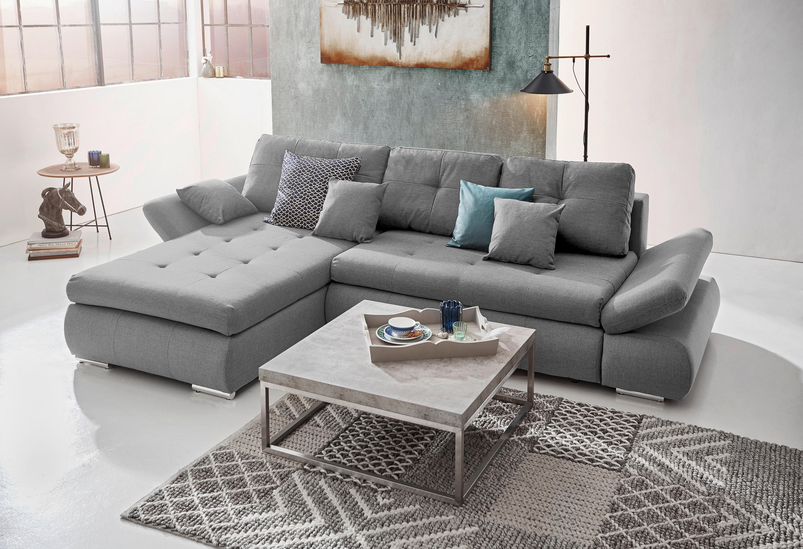 ECKSOFA in Webstoff Hellgrau  - Chromfarben/Hellgrau, Design, Kunststoff/Textil (302/187cm) - Carryhome
