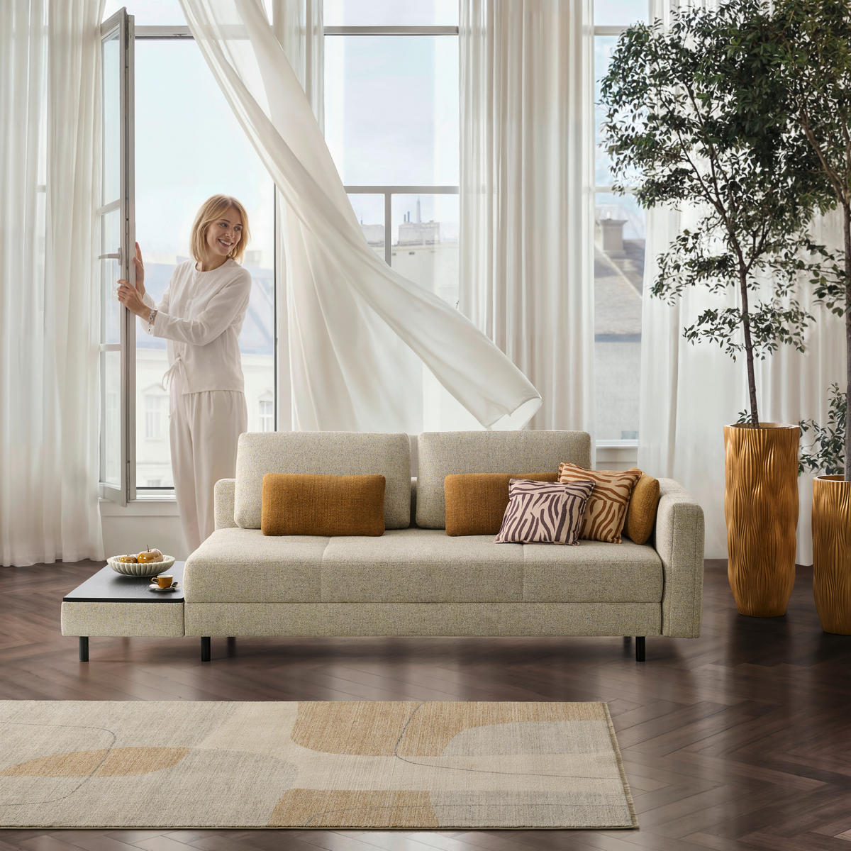 LIEGE Webstoff Creme  - Eiche dunkel/Creme, Design, Holz/Textil (210/84/130cm) - Joka