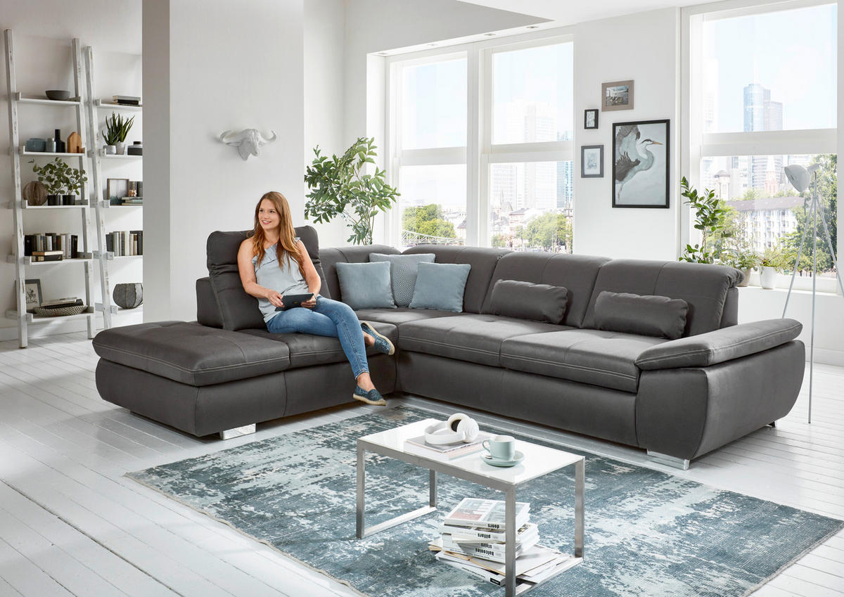 ECKSOFA in Mikrofaser Anthrazit  - Anthrazit/Silberfarben, Design, Textil/Metall (320/260cm) - Beldomo Speed