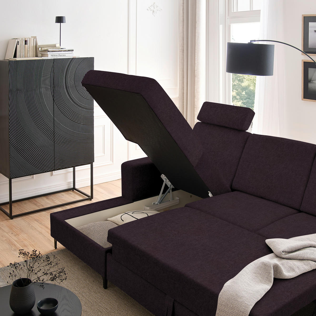 ECKSOFA in Velours Aubergine  - Aubergine/Schwarz, Konventionell, Textil/Metall (167/247cm) - Stylife