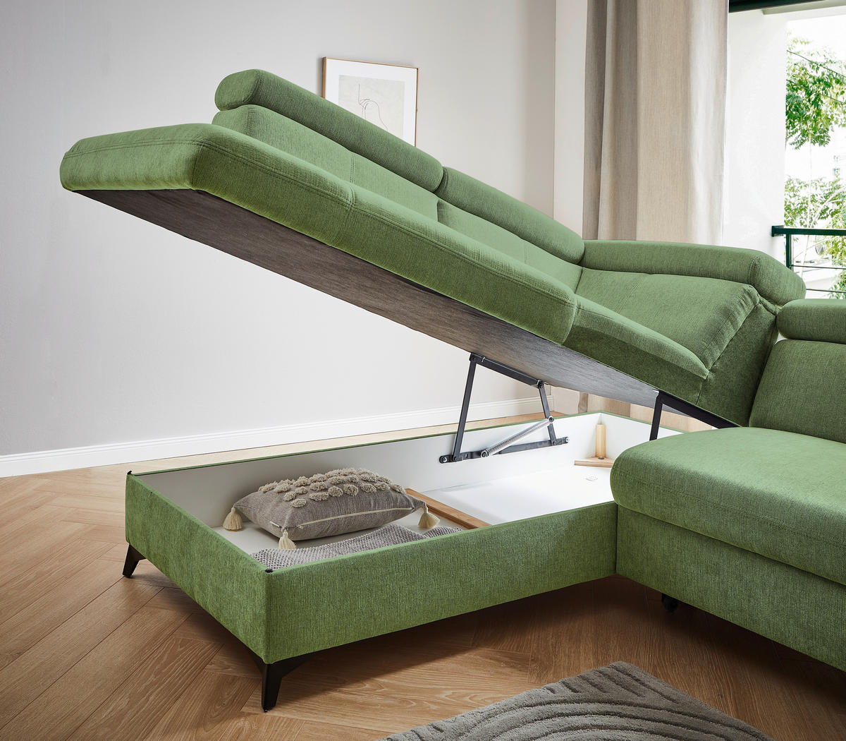 Ecksofa inkl. Funktionen in Chenille Hellgrün  - Schwarz/Hellgrün, Design, Textil/Metall (203/260cm) - Stylife