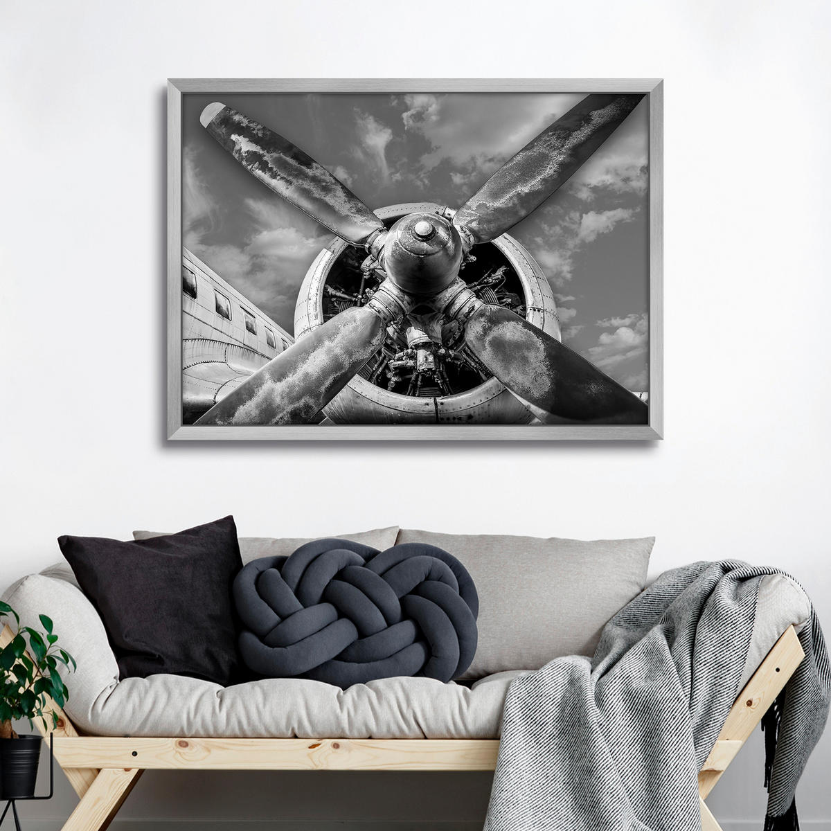 KUNSTDRUCK Städte, Fahrzeuge, Wolken, Flugzeug 110/80 cm  - Silberfarben/Schwarz, LIFESTYLE, Glas/Holzwerkstoff (110/80cm) - Monee