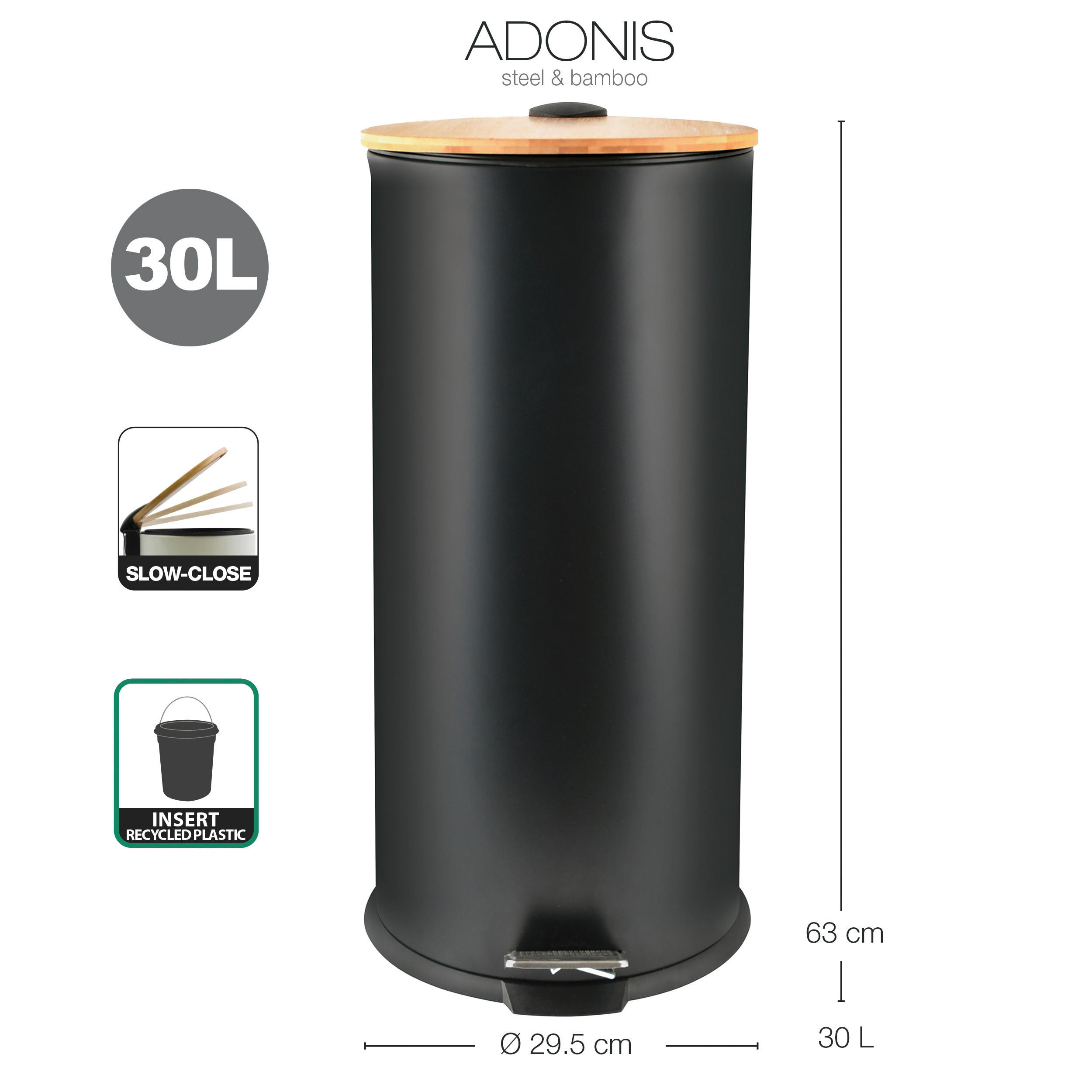 ABFALLEIMER 30 L  - Schwarz, Basics, Metall (29,5/63/29,5cm) - Spirella