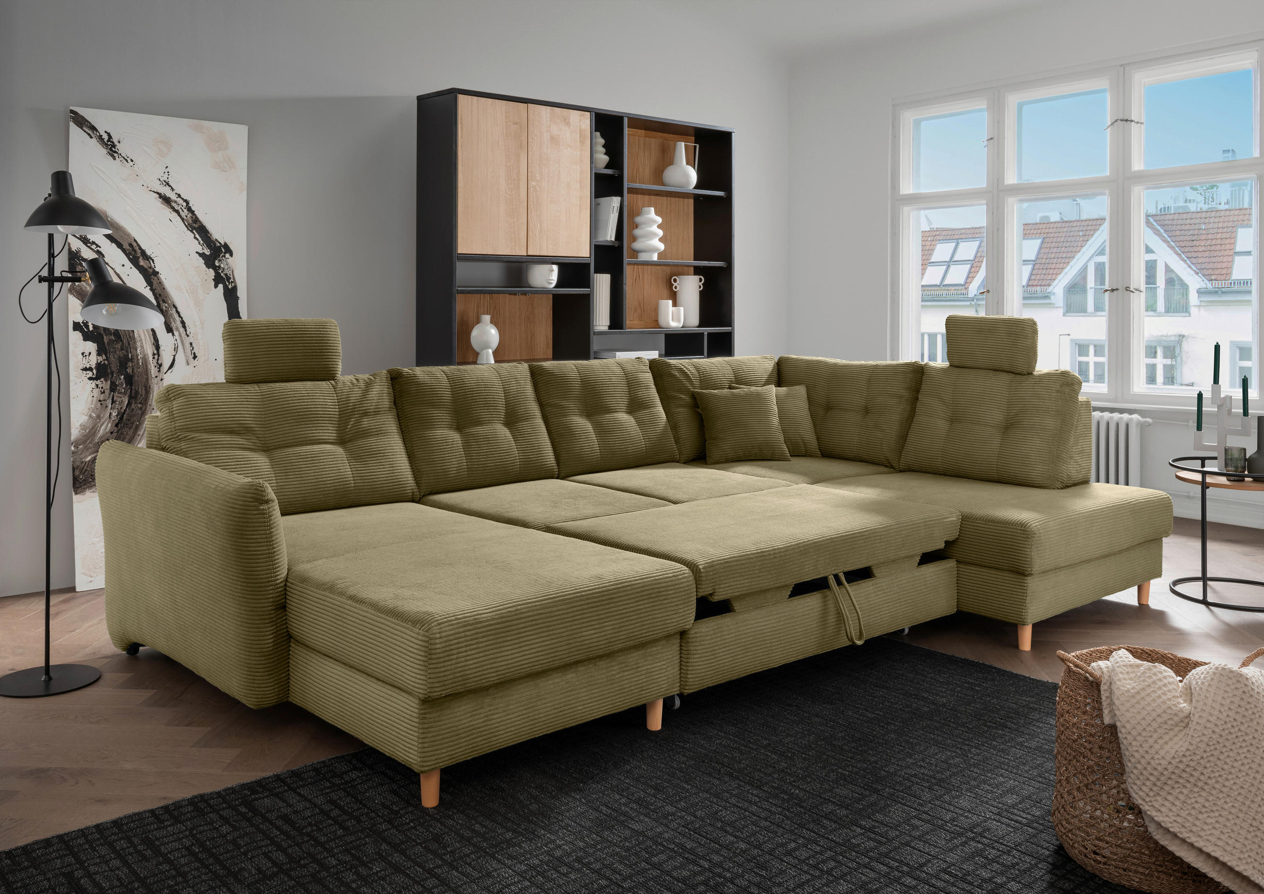 WOHNLANDSCHAFT in Cord Olivgrün  - Naturfarben/Olivgrün, Modern, Holz/Textil (176/338-352/206cm) - Livetastic