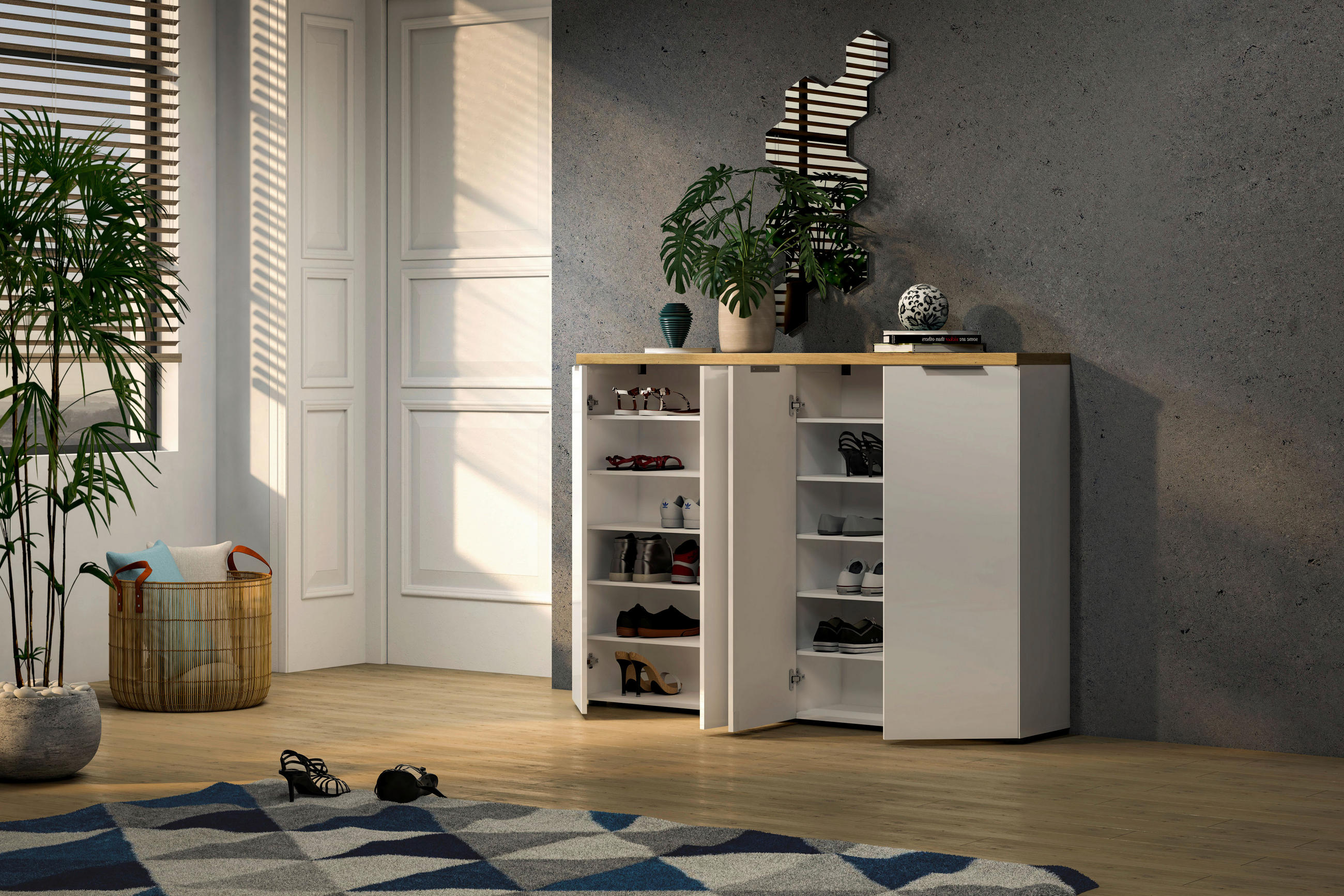 SCHUHSCHRANK Weiß, Eichefarben  - Eichefarben/Alufarben, Design, Holzwerkstoff/Kunststoff (160,4/115/34cm) - Xora