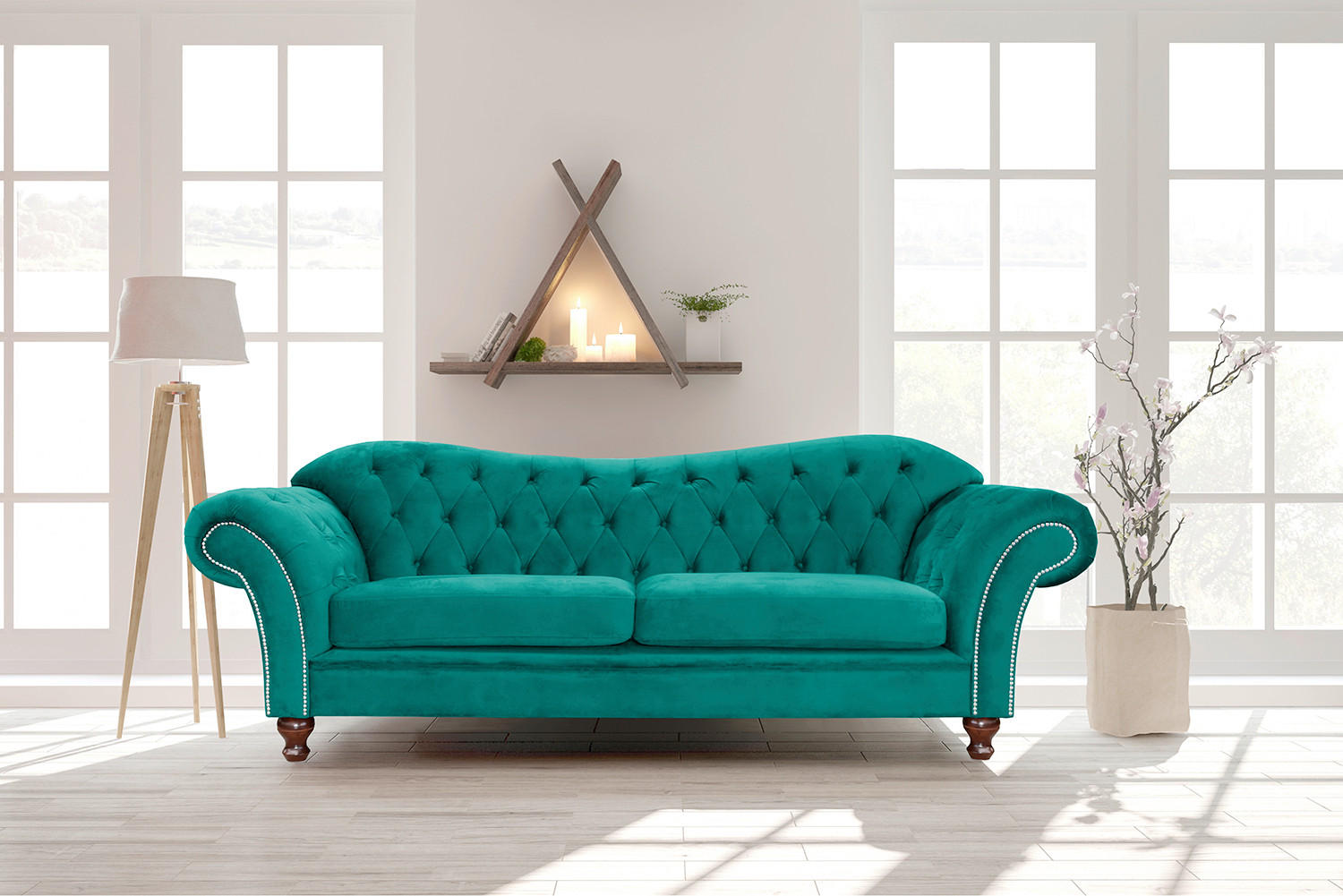 3-SITZER-SOFA SHEFFIELD Mikrofaser Türkis  - Türkis/Braun, Design, Holz/Textil (230/92/90cm) - P & B