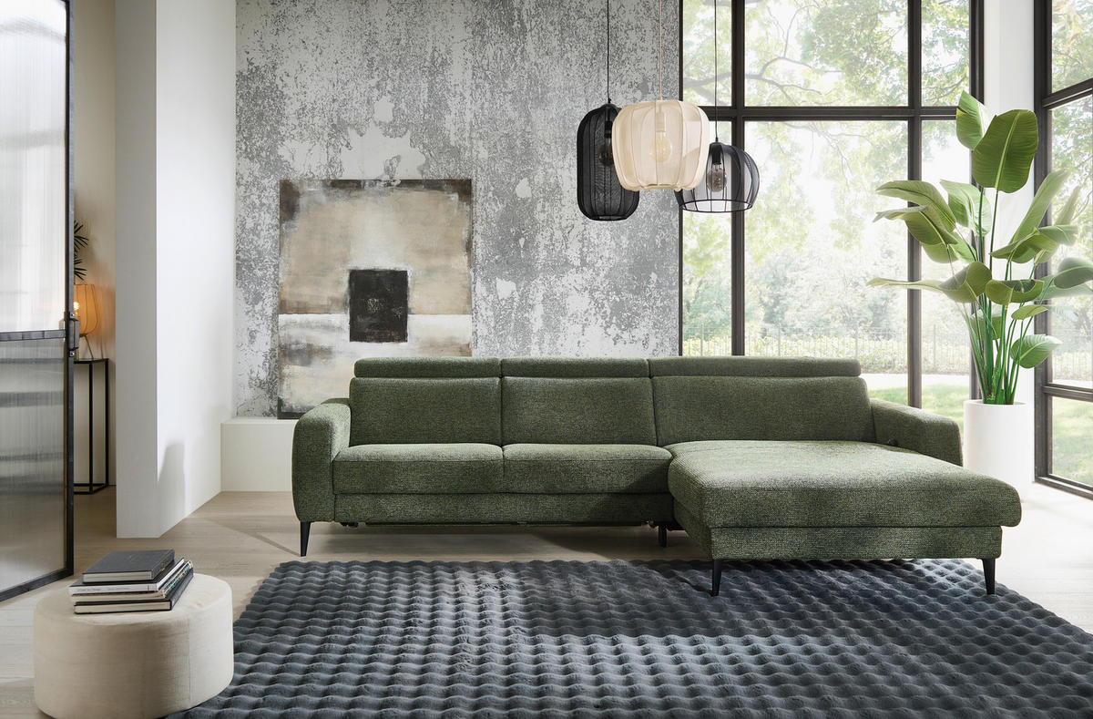 ECKSOFA Grün Chenille  - Schwarz/Grün, KONVENTIONELL, Textil/Metall (300/177cm) - Valdera