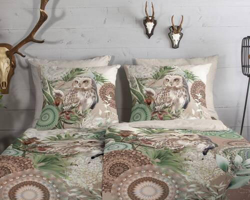 Thumbnail - Wendebettwäsche Kirja, Braun, Grün, Beige, Textil, Eule, 155x220 cm, atmungsaktiv, angenehm wärmend, Schlaftextilien, Be...