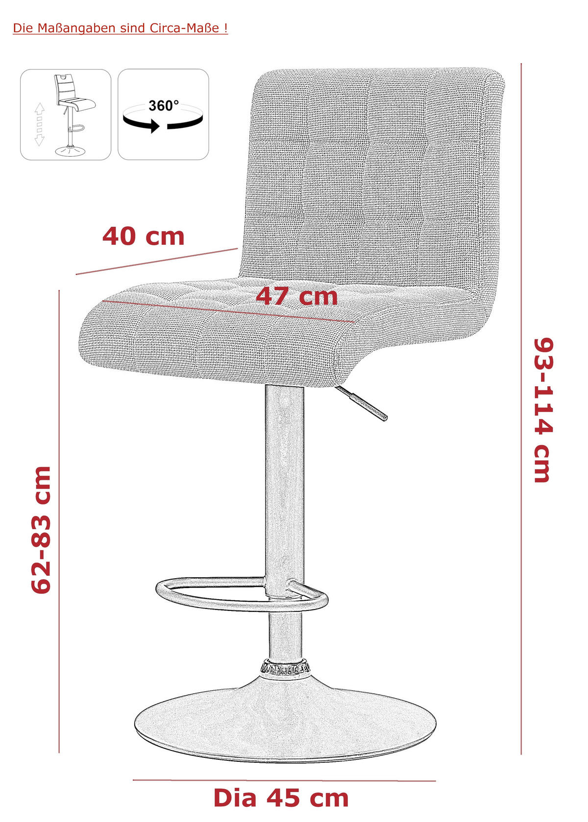 BARHOCKER-SET Webstoff, Mikrofaser Anthrazit Stahl erweiterbar, Sitzfläche 360° drehbar  - Anthrazit, MODERN, Textil/Metall (47/93-114/57cm) - MID.YOU