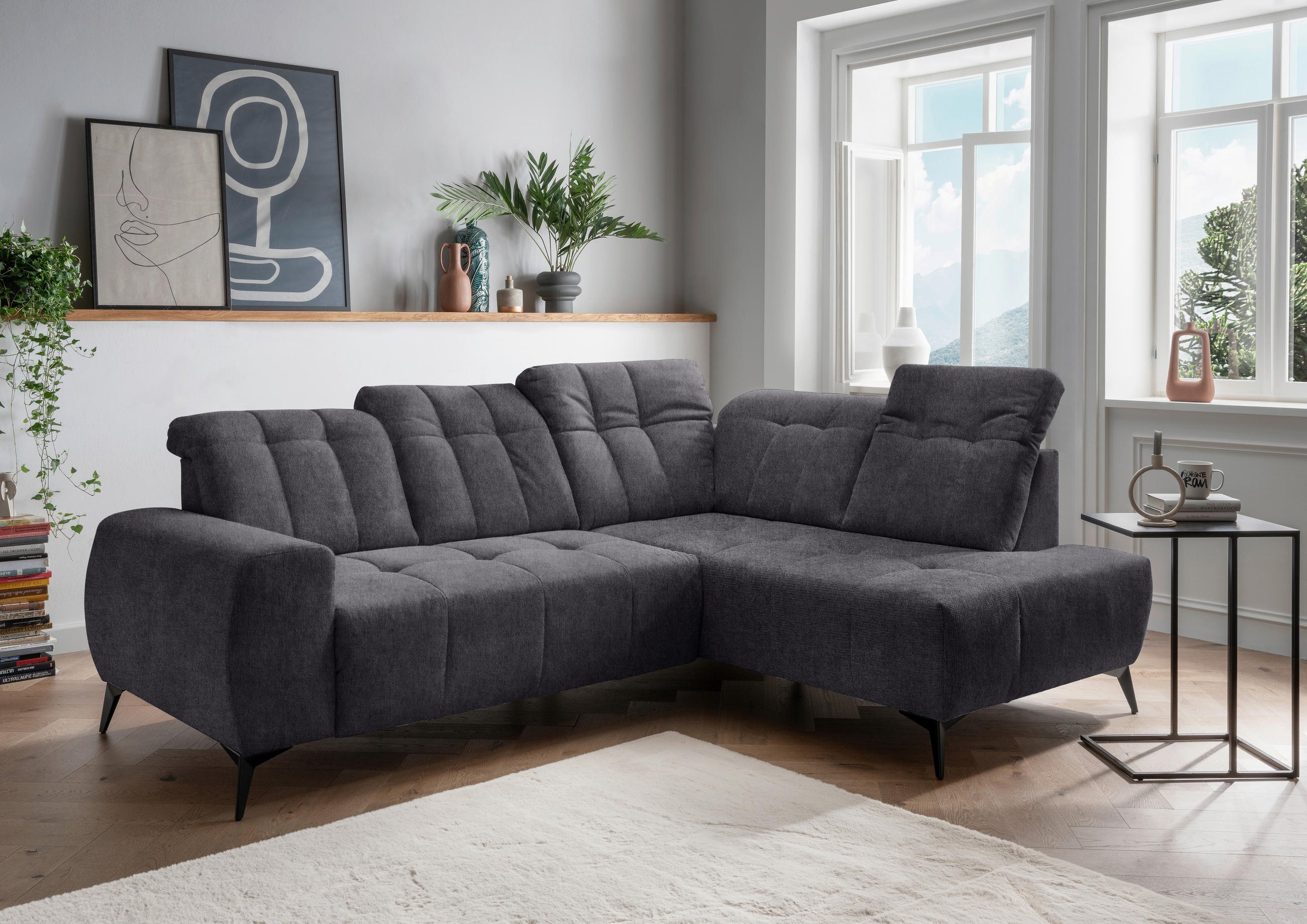 ECKSOFA Anthrazit Mikrofaser - Anthrazit/Schwarz, MODERN, Textil/Metall (261/200cm) - Livetastic