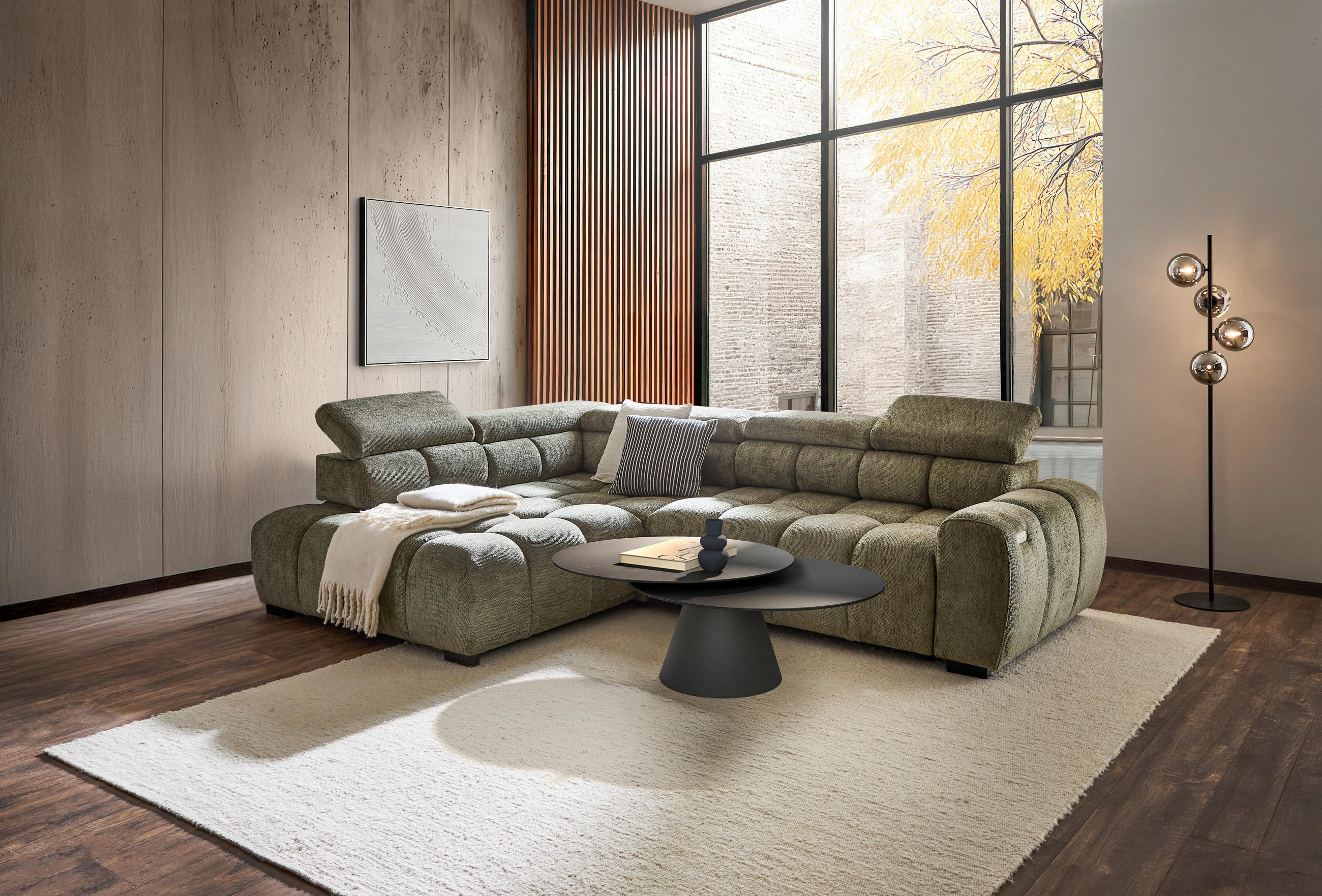 Thumbnail - Welnova Ecksofa, Olivgrün, Textil, 4-Sitzer, Ottomane links, 297x205 cm, Rücken echt, elektrischer Sitzvorzug, Wohnzimme...