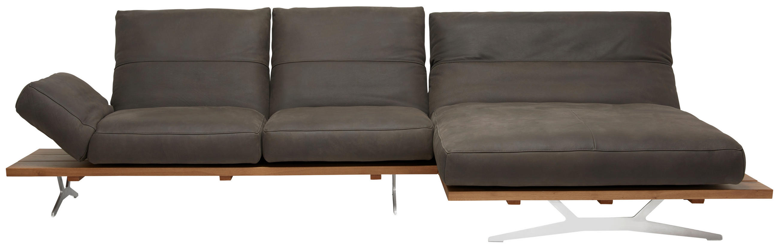 ECKSOFA Nurano in Echtleder Braun, Eichefarben  320/157 cm  - Edelstahlfarben/Eichefarben, Natur, Leder/Holzwerkstoff (320/157cm) - Ambiente
