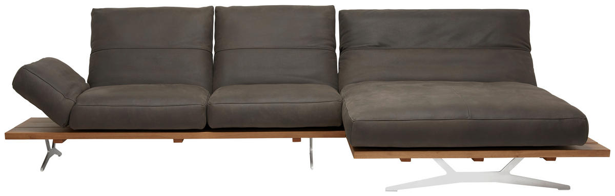 ECKSOFA Nurano in Echtleder Braun, Eichefarben  320/157 cm  - Edelstahlfarben/Eichefarben, Natur, Leder/Holzwerkstoff (320/157cm) - Ambiente