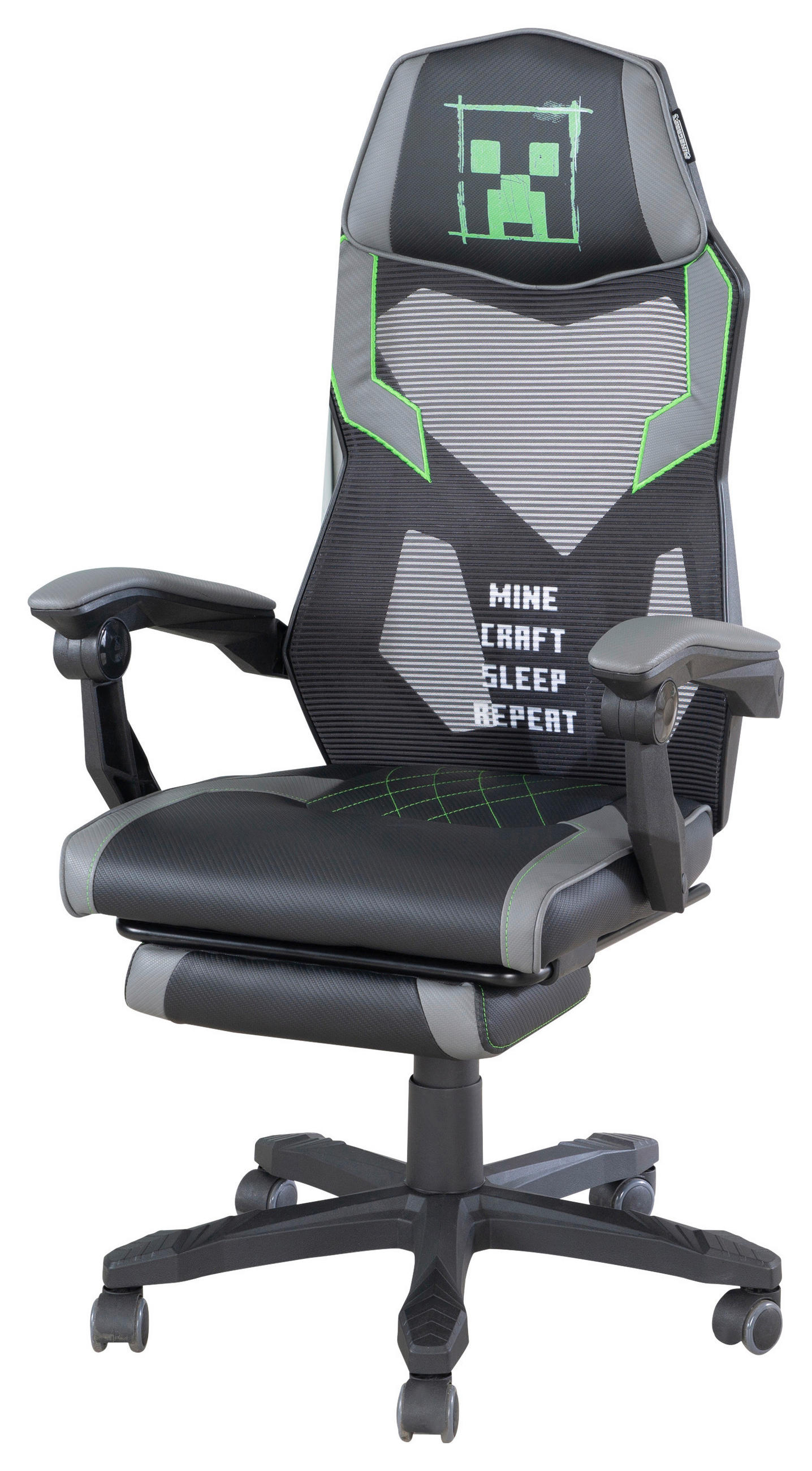 GAMINGSTUHL Grau Kunststoff, Textil   - Grau/Grün, MODERN, Kunststoff/Textil (61/114,5/62,5cm) - Minecraft