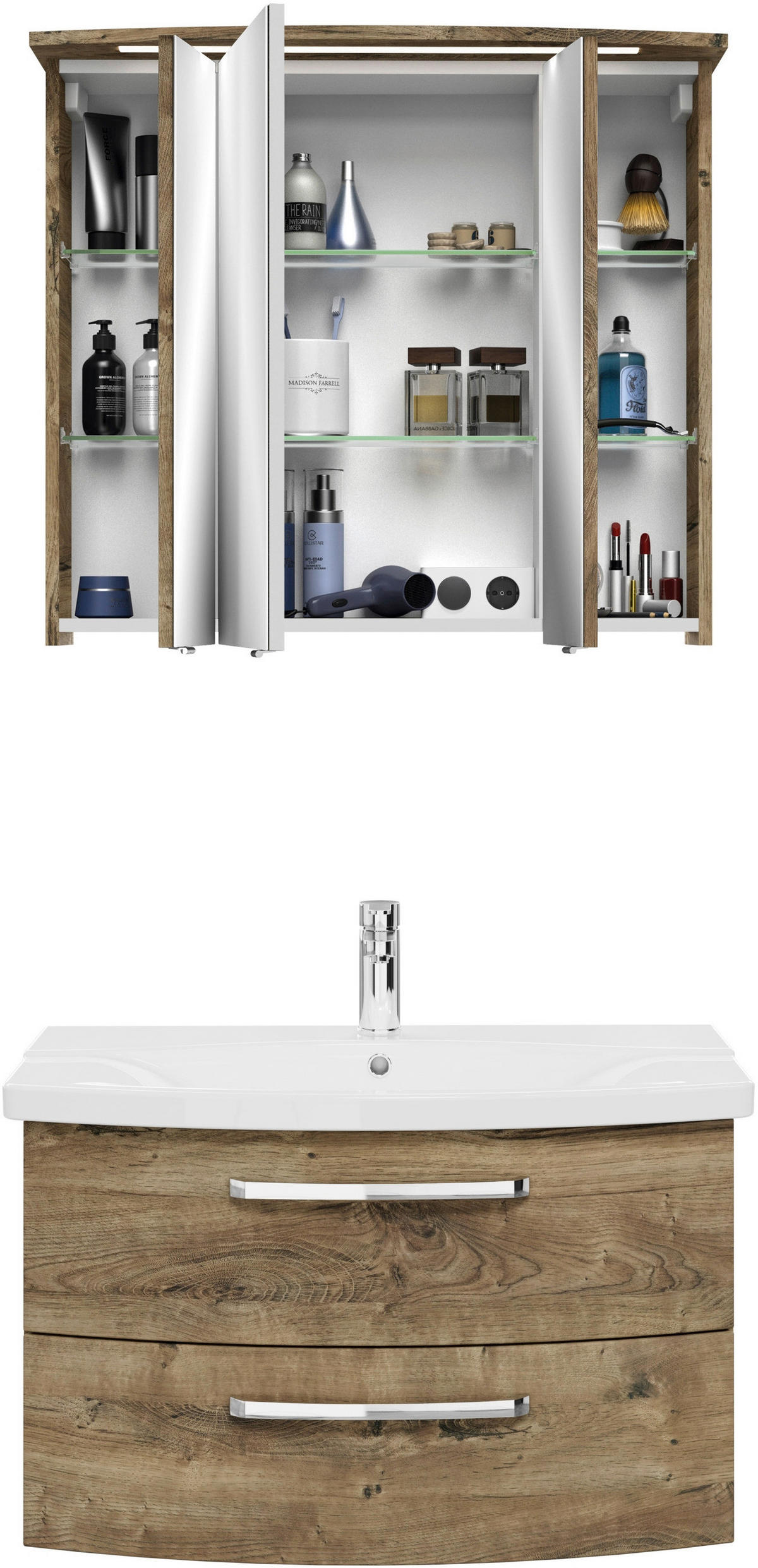 BADEZIMMER 3-teilig  in 84 cm  - Eiche dunkel/Chromfarben, MODERN, Glas/Keramik (84cm) - Sadena