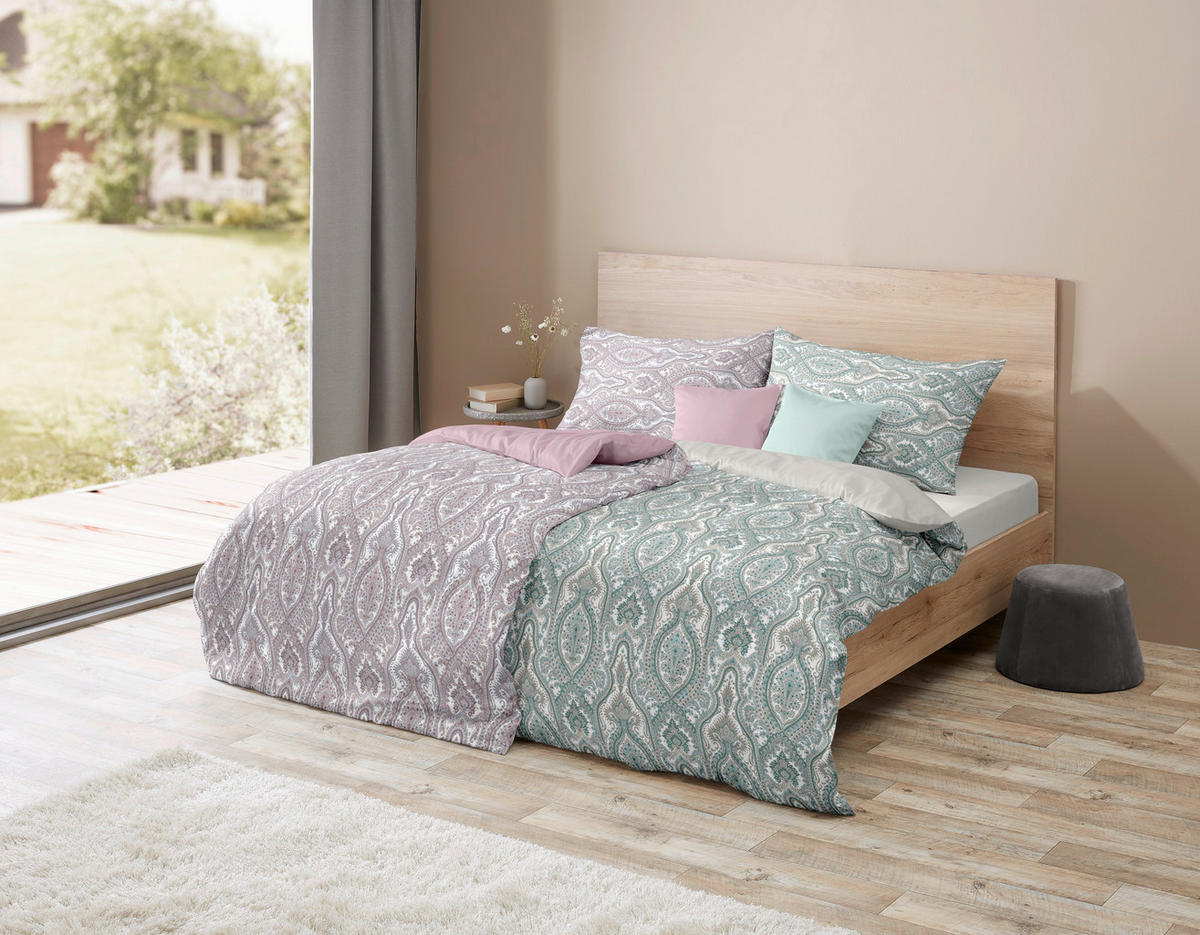 POSTELJNINA MODERN CLASSIC B 140/200 cm mako saten turkizna, bela, bež  - turkizna/bela, Konvencionalno, tekstil (140/200cm) - Fleuresse