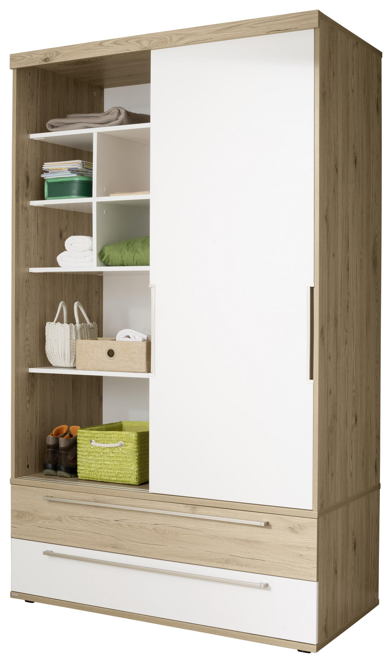 SCHIEBETÜRENSCHRANK 2-türig Weiß, Eichefarben - Eichefarben/Silberfarben, Design, Holzwerkstoff/Metall (124/207/64cm) - Paidi