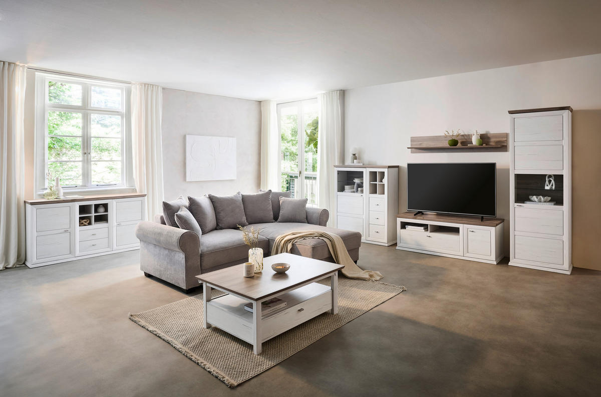 WOHNWAND  in Grau, Weiss 330/209,2/50,1 cm  - Weiss/Grau, Lifestyle, Glas/Holzwerkstoff (330/209,2/50,1cm) - Hom`in