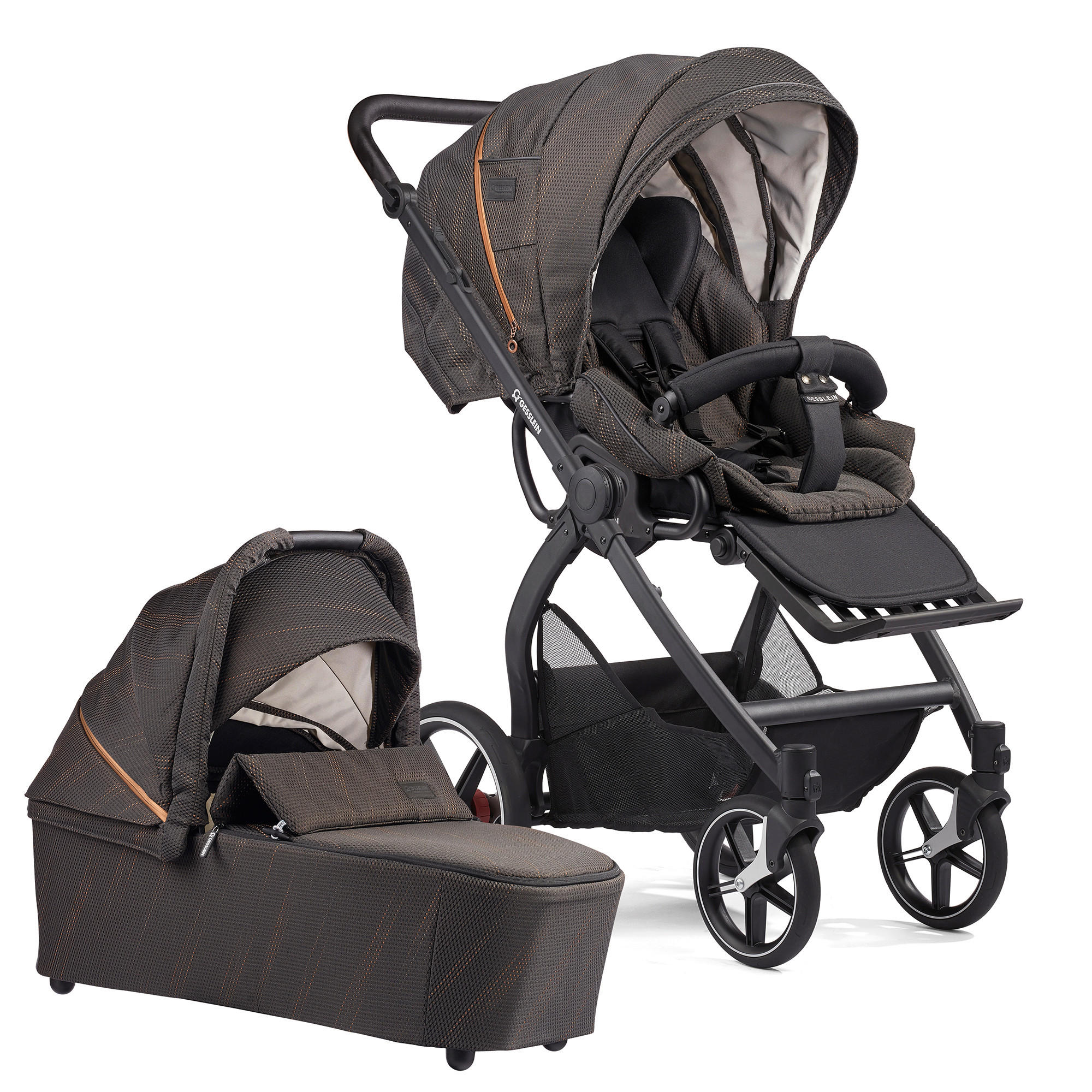 KINDERWAGENSET FX4 Classic  - Schwarz/Kupferfarben, Basics, Textil/Metall (57/129/100cm) - Gesslein
