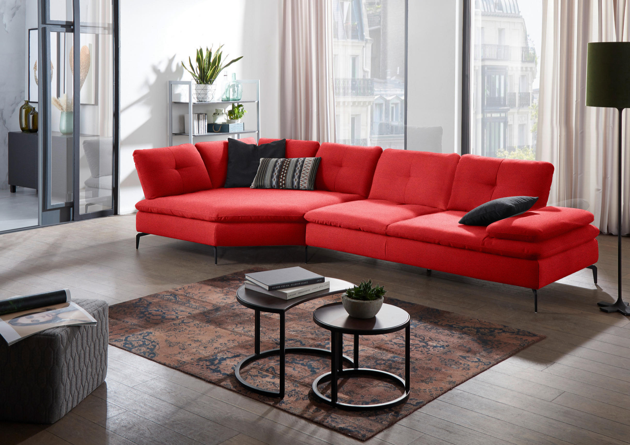 ECKSOFA in Flachgewebe Hellrot  - Hellrot/Schwarz, Design, Textil/Metall (157/344cm) - Chilliano