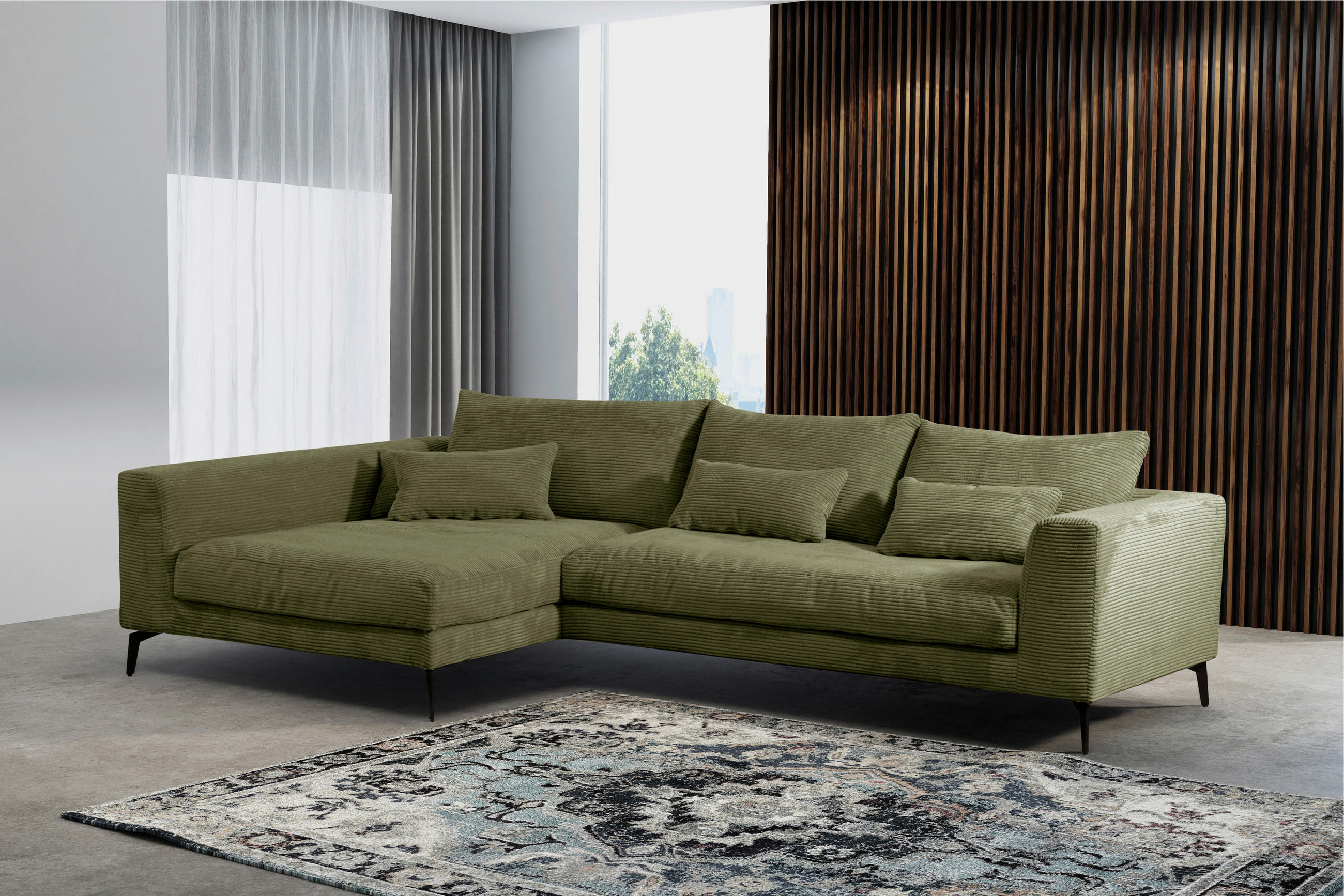 ECKSOFA Olivgrün Cord  - Schwarz/Olivgrün, Design, Textil/Metall (172/313cm) - Livetastic