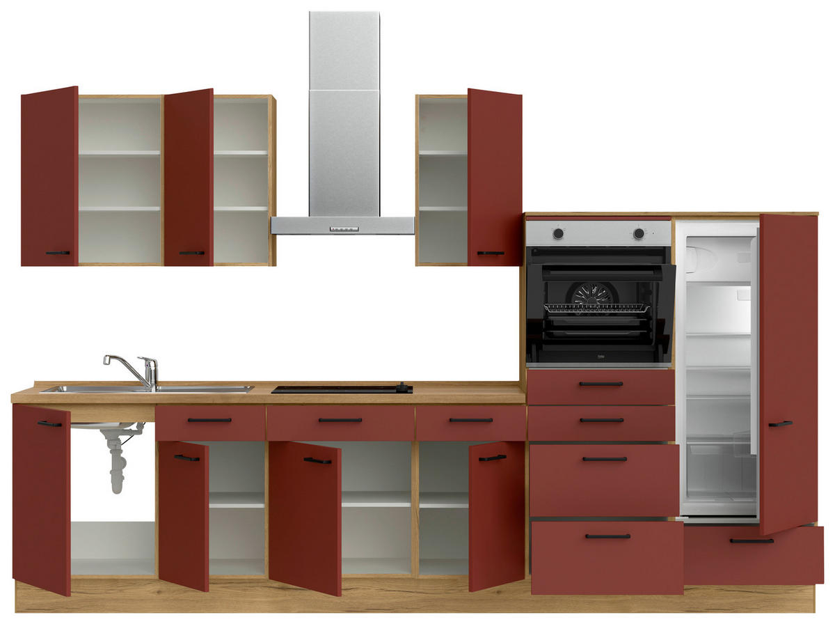 KÜCHENBLOCK 330 cm   in Eichefarben, Dunkelrot  - Eichefarben/Schwarz, MODERN, Holzwerkstoff/Metall (330cm) - Nobilia