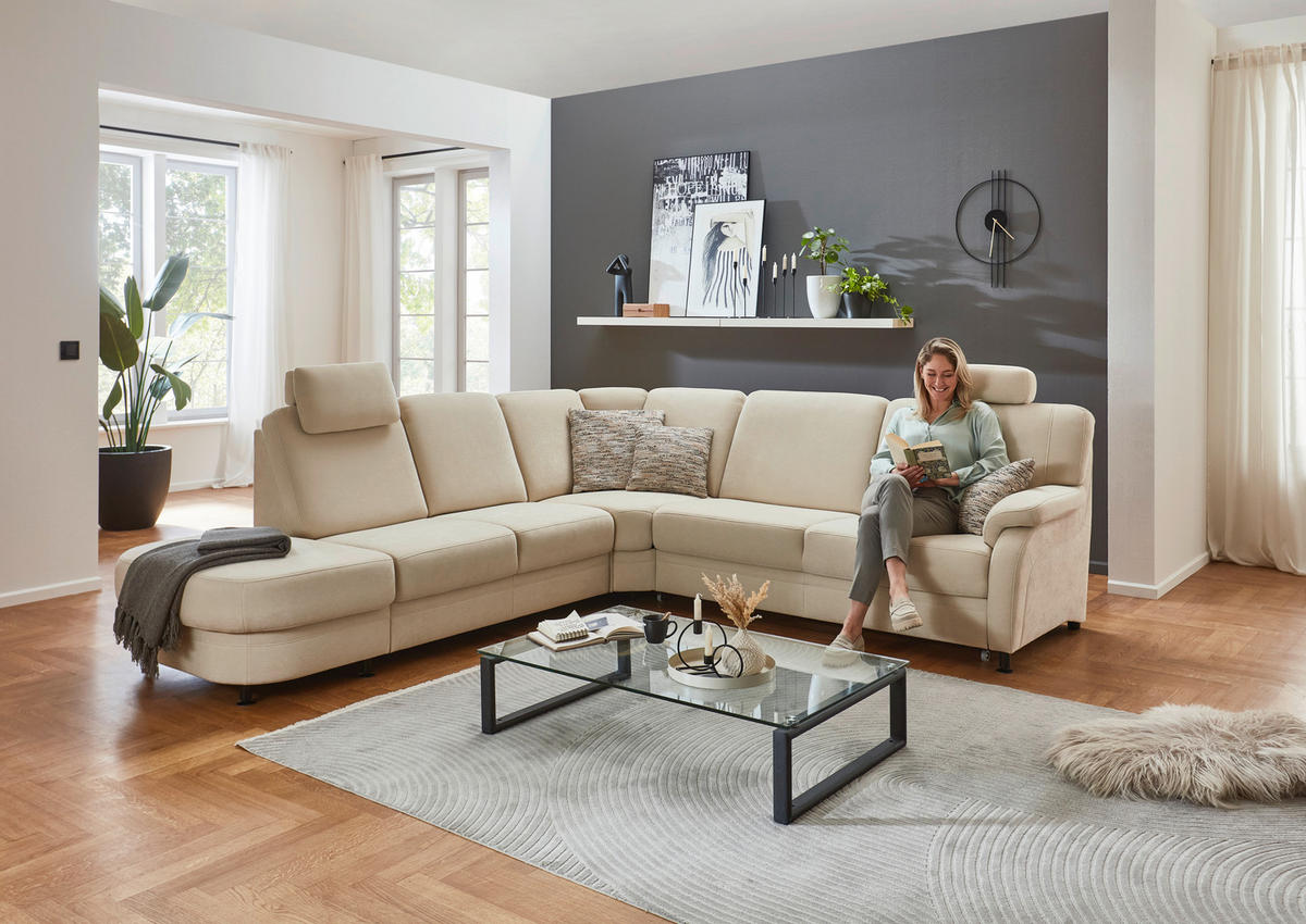 ECKSOFA in Flachgewebe Beige  - Beige/Schwarz, Konventionell, Textil/Metall (287/269cm) - Beldomo System