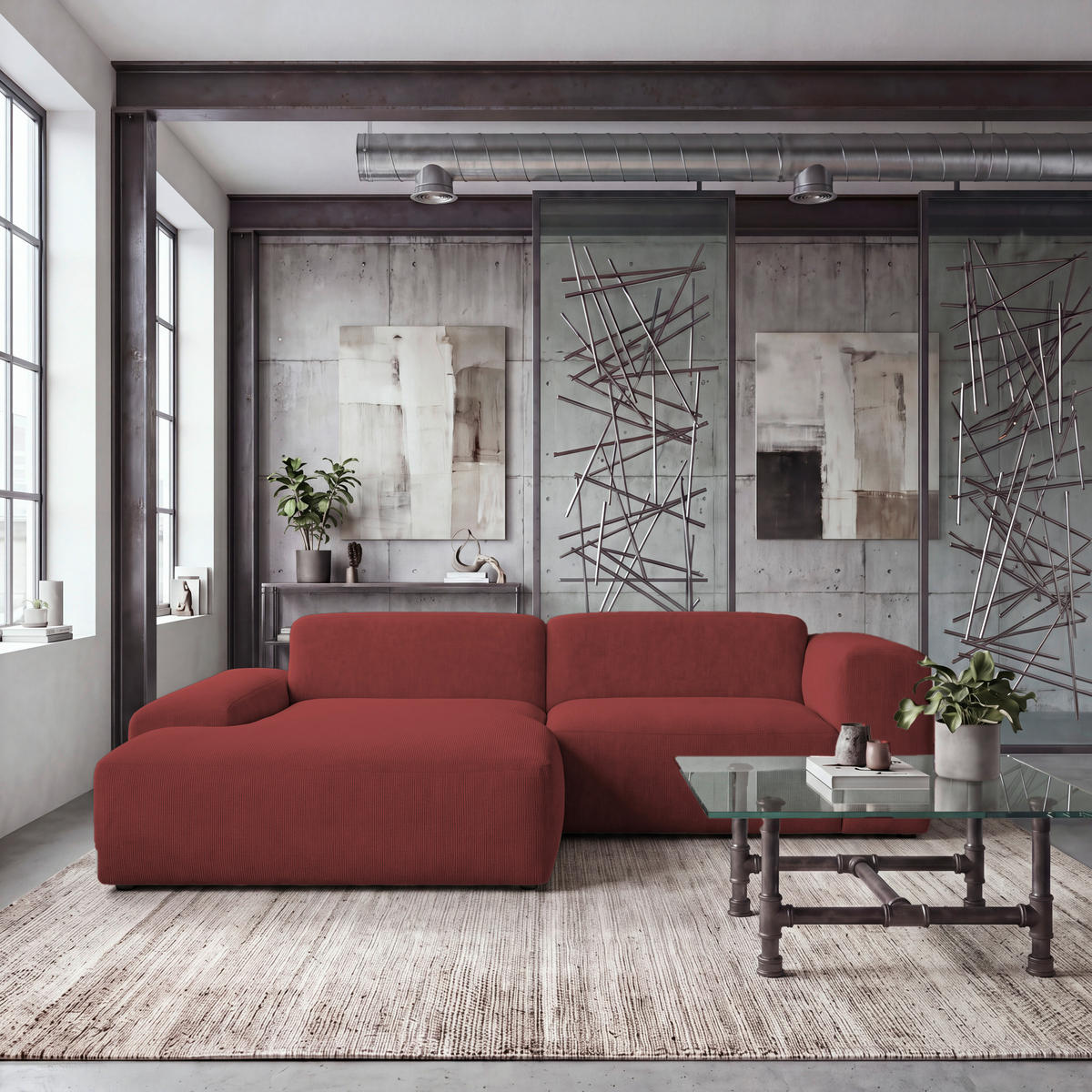 ECKSOFA HANNAH Rot Cord  - Rot/Schwarz, Design, Kunststoff/Textil (170/252cm) - MID.YOU