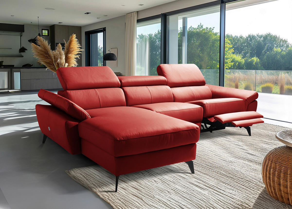 ECKSOFA Rot Echtleder Lederlook Rücken echt, Armteilverstellung, Relaxfunktion, Kopfteilverstellung  - Rot/Schwarz, Design, Leder/Textil (179/252cm) - Livetastic