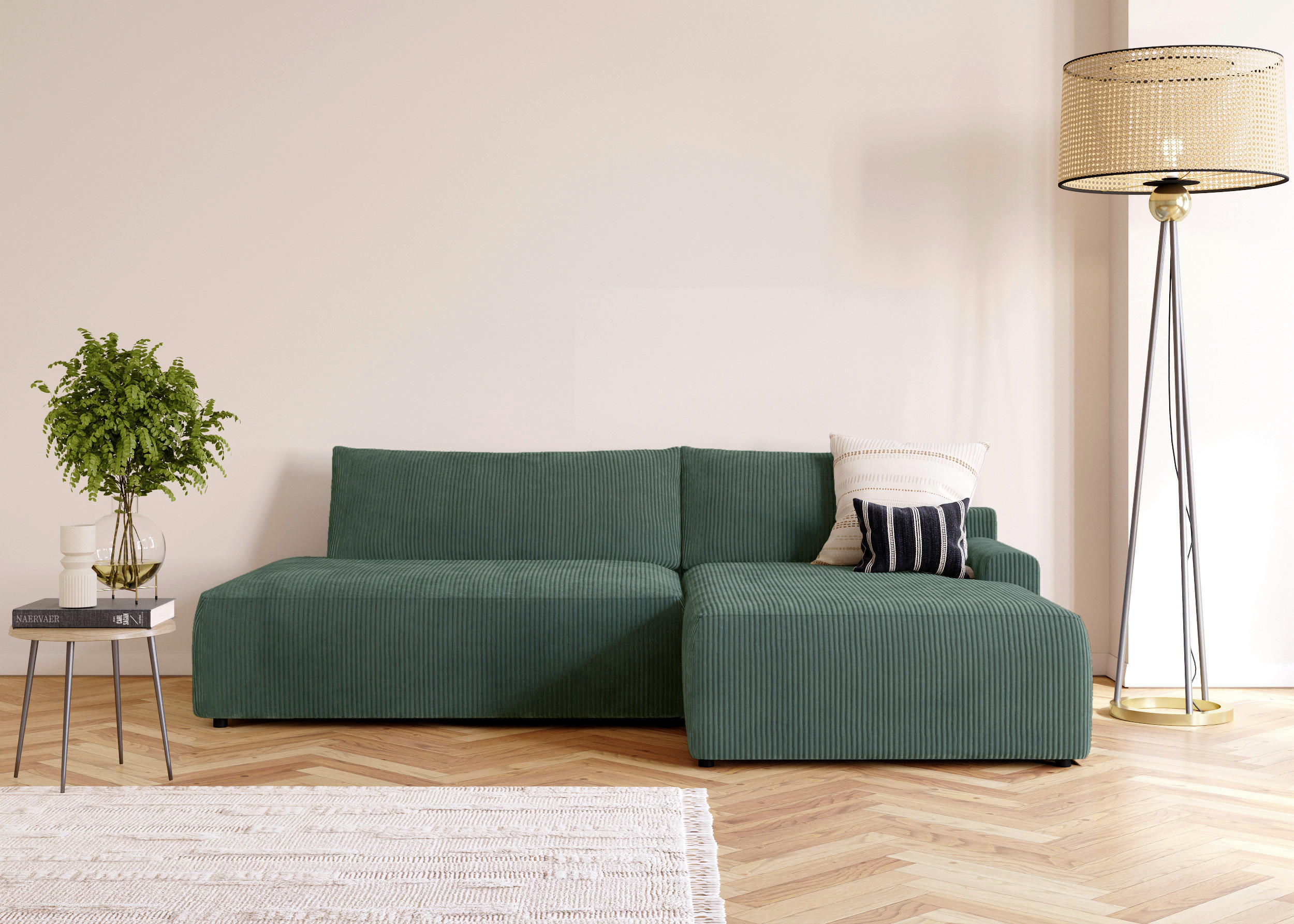 ECKSCHLAFSOFA  mit Schlafen auf Sitzhöhe, Rücken echt, Armteil rechts Cord Dunkelgrün  - Dunkelgrün/Schwarz, MODERN, Kunststoff/Textil (253/167cm) - Trendmanufaktur