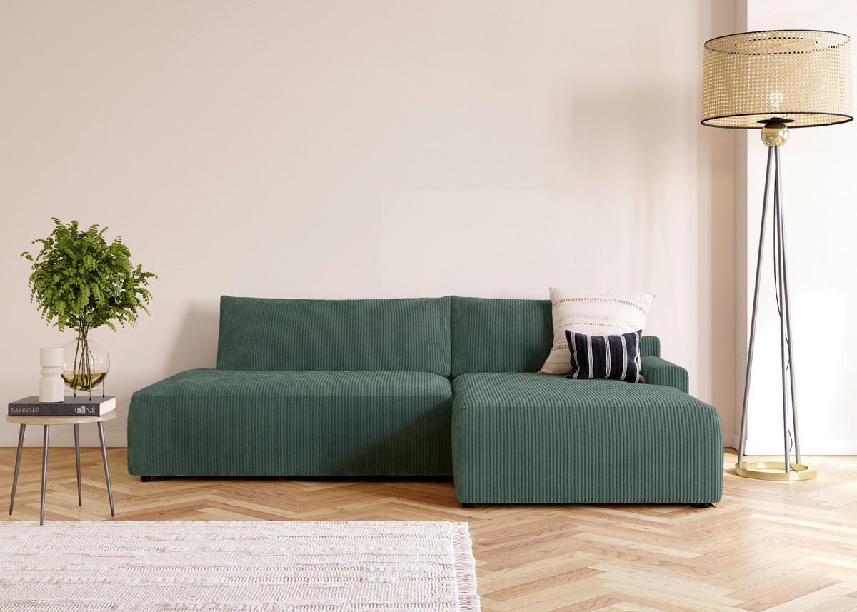 ECKSCHLAFSOFA  mit Schlafen auf Sitzhöhe, Rücken echt, Armteil rechts Cord Dunkelgrün  - Dunkelgrün/Schwarz, MODERN, Kunststoff/Textil (253/167cm) - Trendmanufaktur