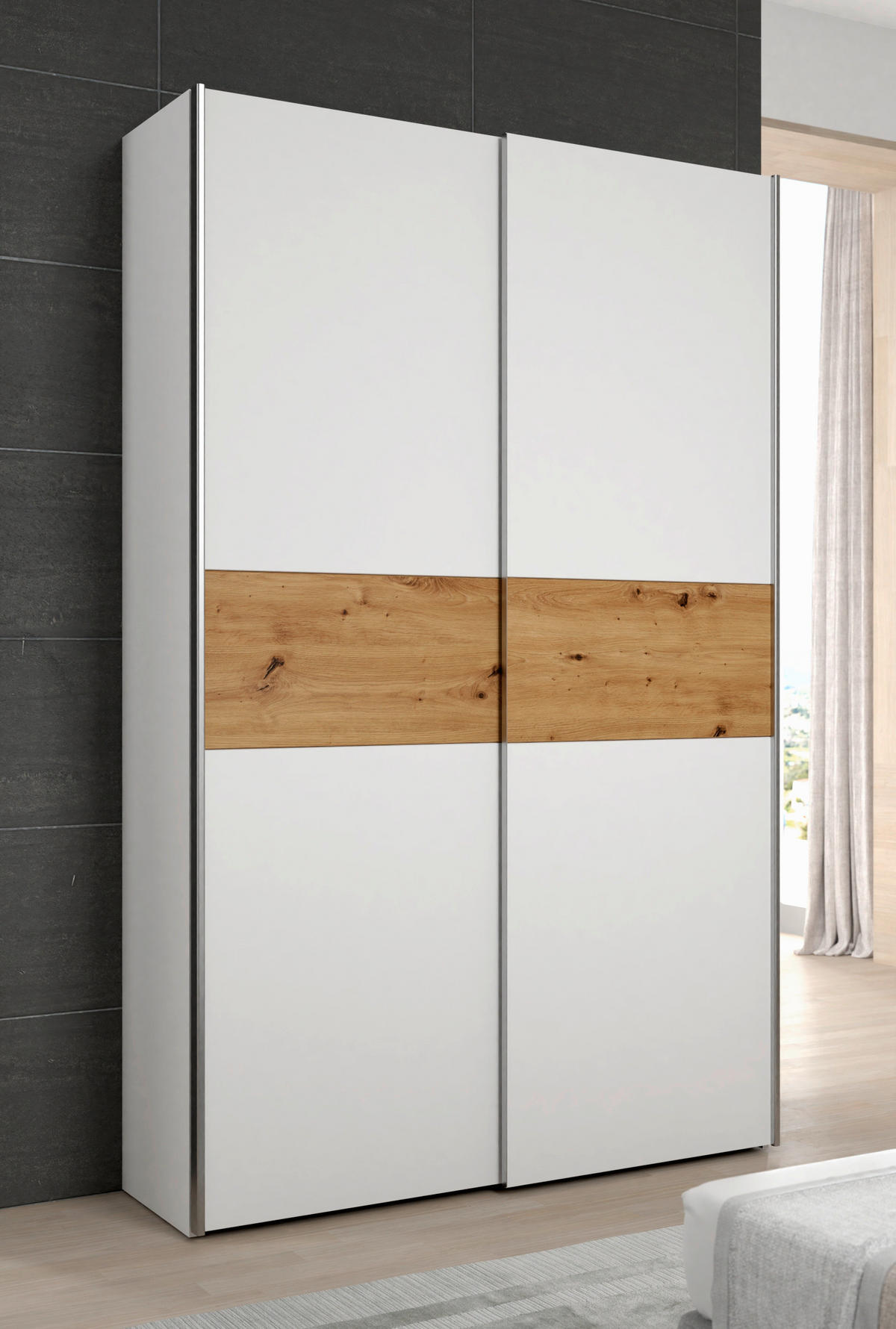 SCHWEBETÜRENSCHRANK 120/190,5/61,2 cm 2-türig Weiß, Eichefarben  - Eichefarben/Alufarben, Design, Holzwerkstoff/Metall (120/190,5/61,2cm) - Boxxx