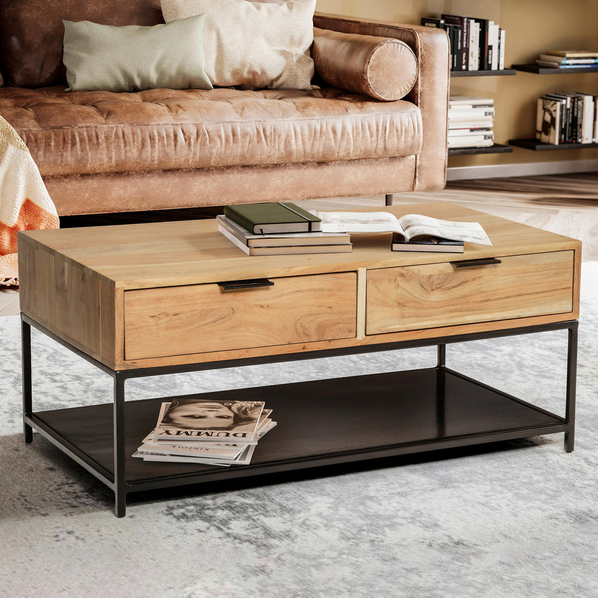 COUCHTISCH in Holz 90/50/40 cm  - Schwarz/Akaziefarben, Design, Holz/Metall (90/50/40cm) - MID.YOU