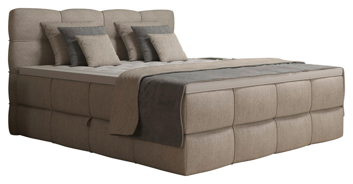 BOXSPRINGBETT 180/200 cm,  in Elfenbein, gepolstertes Kopfteil, Bettkasten, Topper, Matratzen, H3 + H3 = fest  - Elfenbein/Schwarz, Design, Kunststoff/Textil (180/200cm) - Chameo