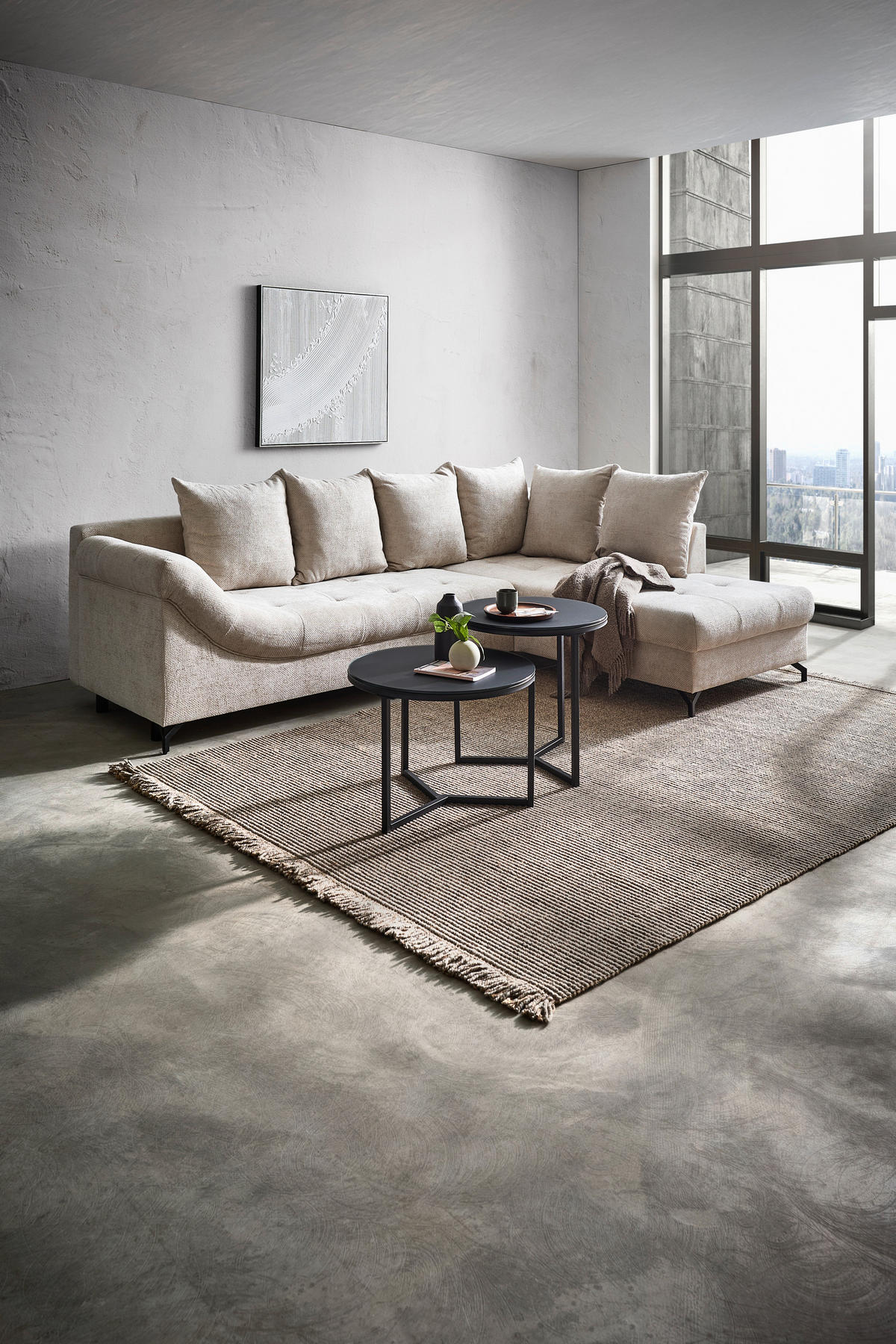 ECKSOFA in Struktur Creme  - Creme/Schwarz, Konventionell, Textil/Metall (274/194cm) - Carryhome